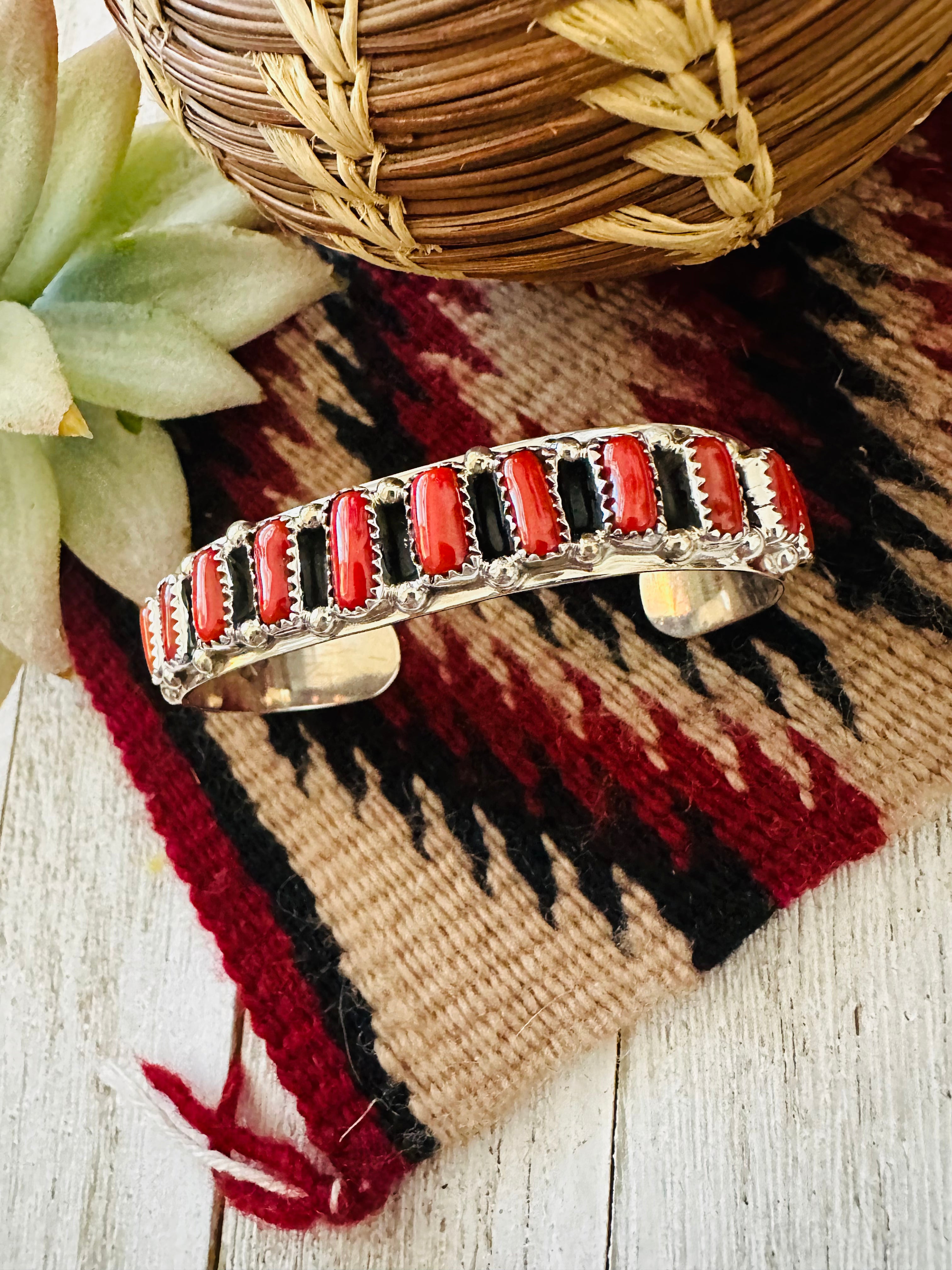 Navajo Coral & Sterling Silver Cuff Bracelet Signed