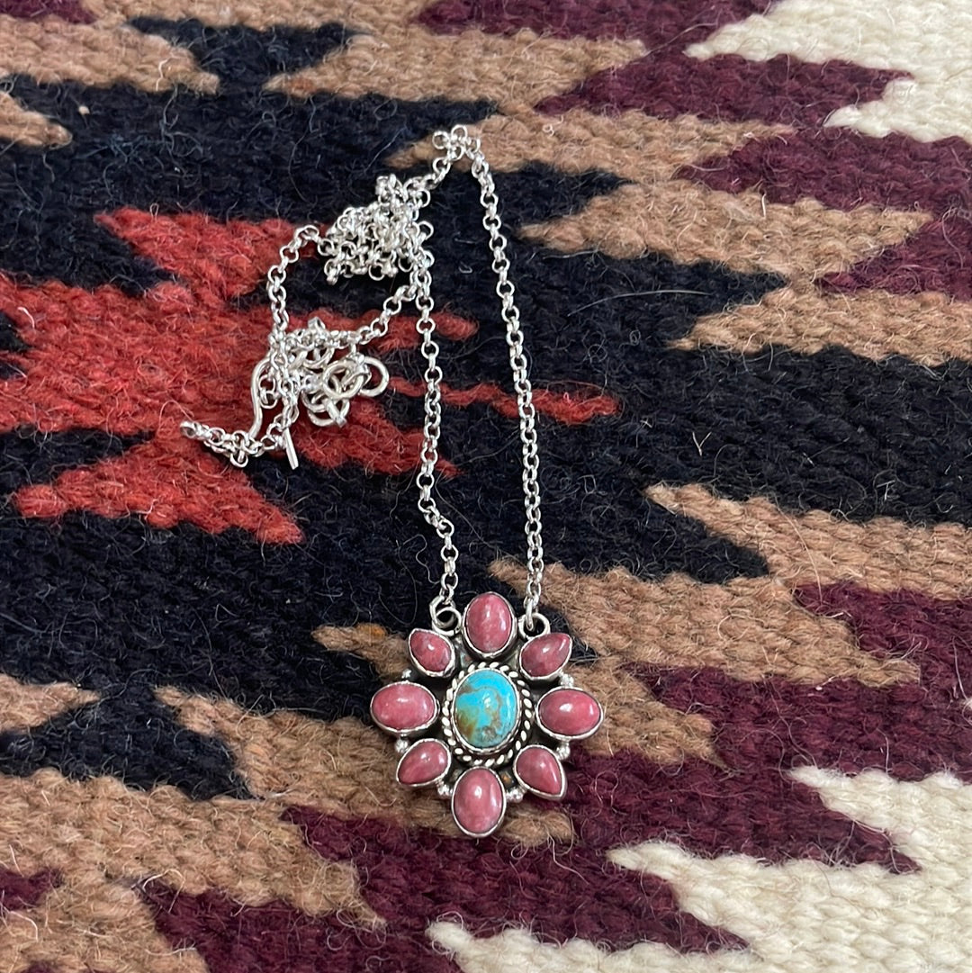 Handmade Sterling Silver, Rhodonite & Turquoise Necklace