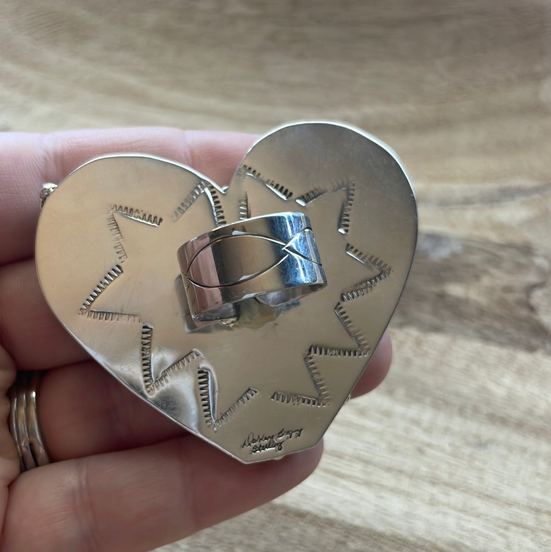 Navajo Coral Sterling Silver Adjustable Heart Ring Signed