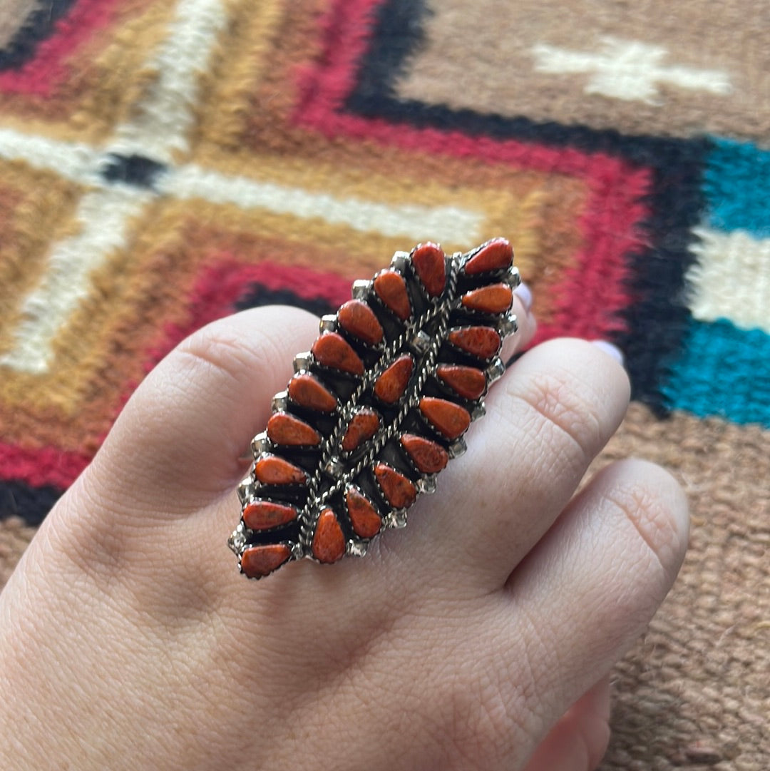 Navajo Sterling Silver & Orange Mojave Cluster Ring Size 7