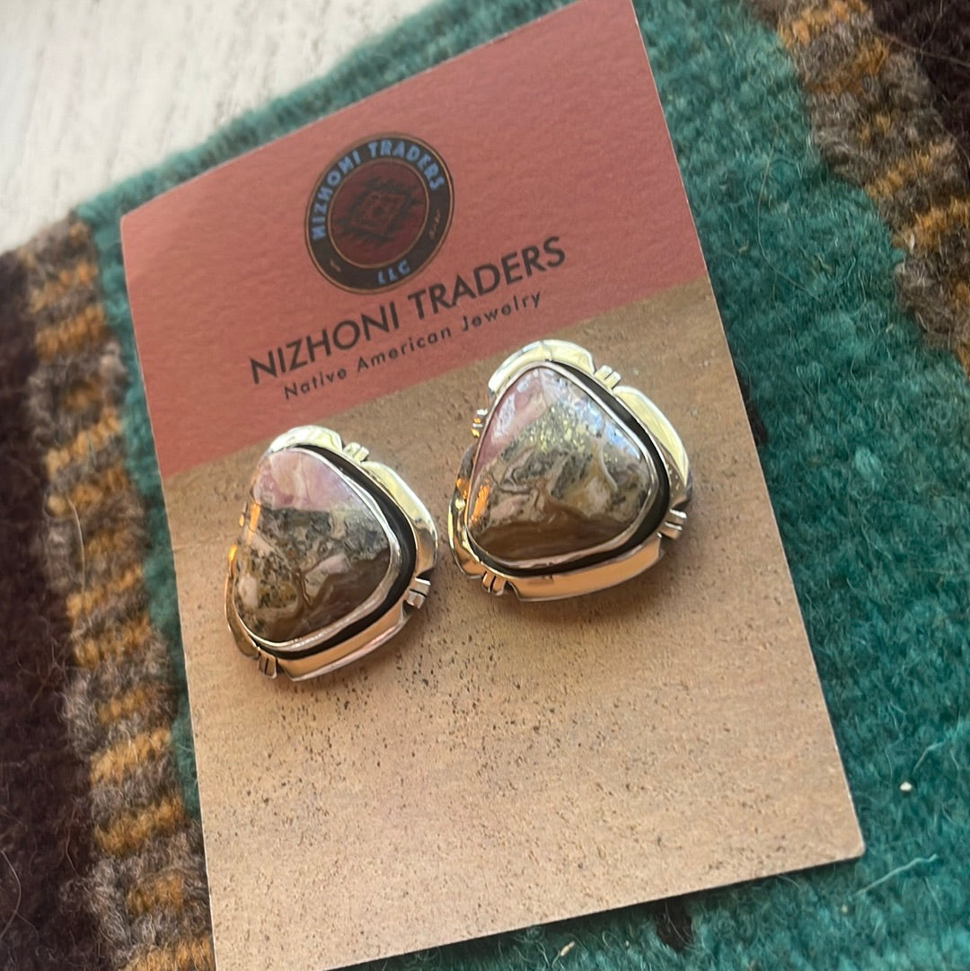 Navajo Sterling Silver & Rhodochrosite Stone Post Earrings Signed