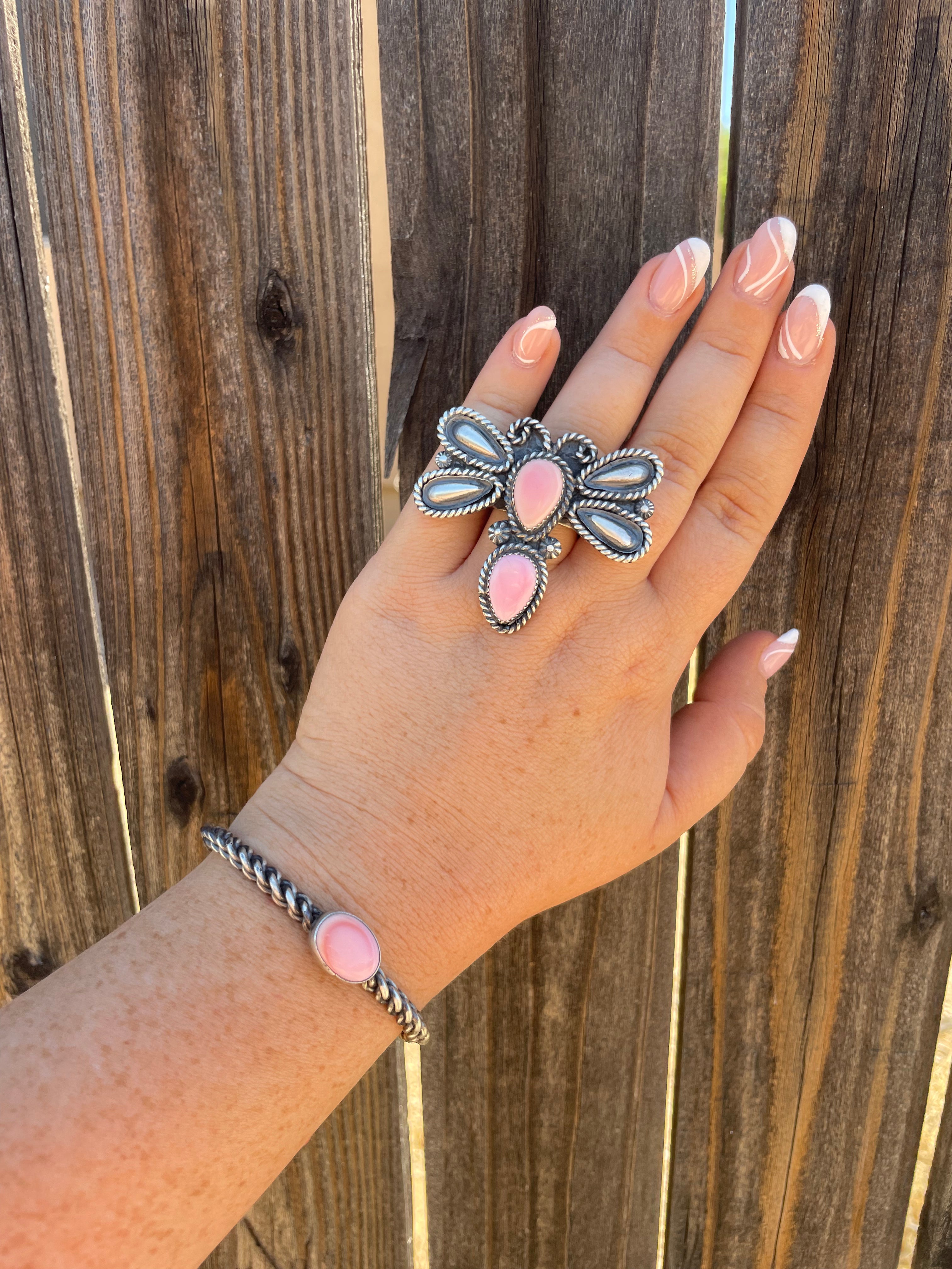 Navajo Oval Pink Conch & Sterling Silver Adjustable Cuff Bracelet