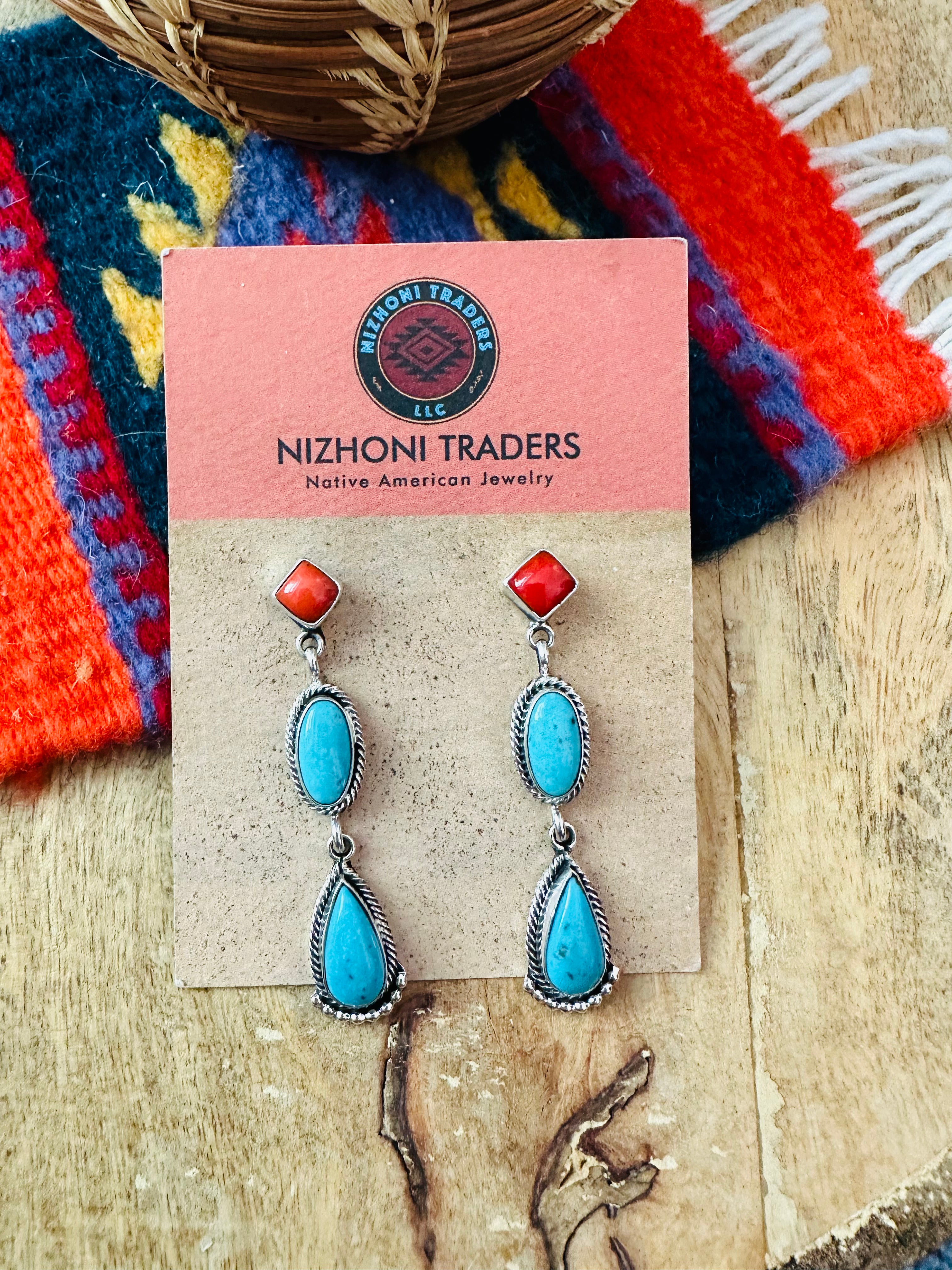 Navajo Turquoise, Coral & Sterling Silver Dangle Earrings