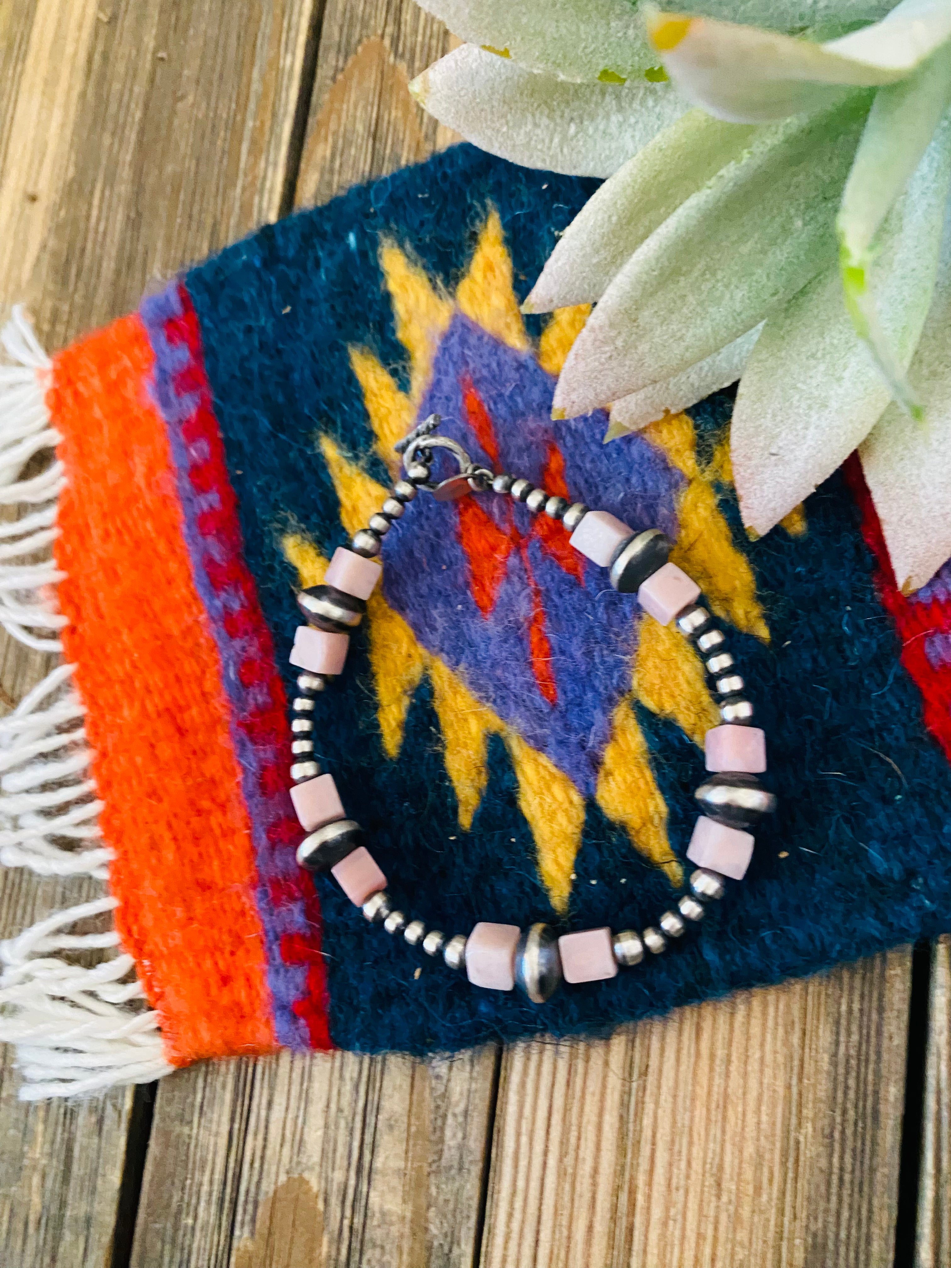 Navajo Queen Pink Conch Shell & Sterling Silver Beaded Bracelet