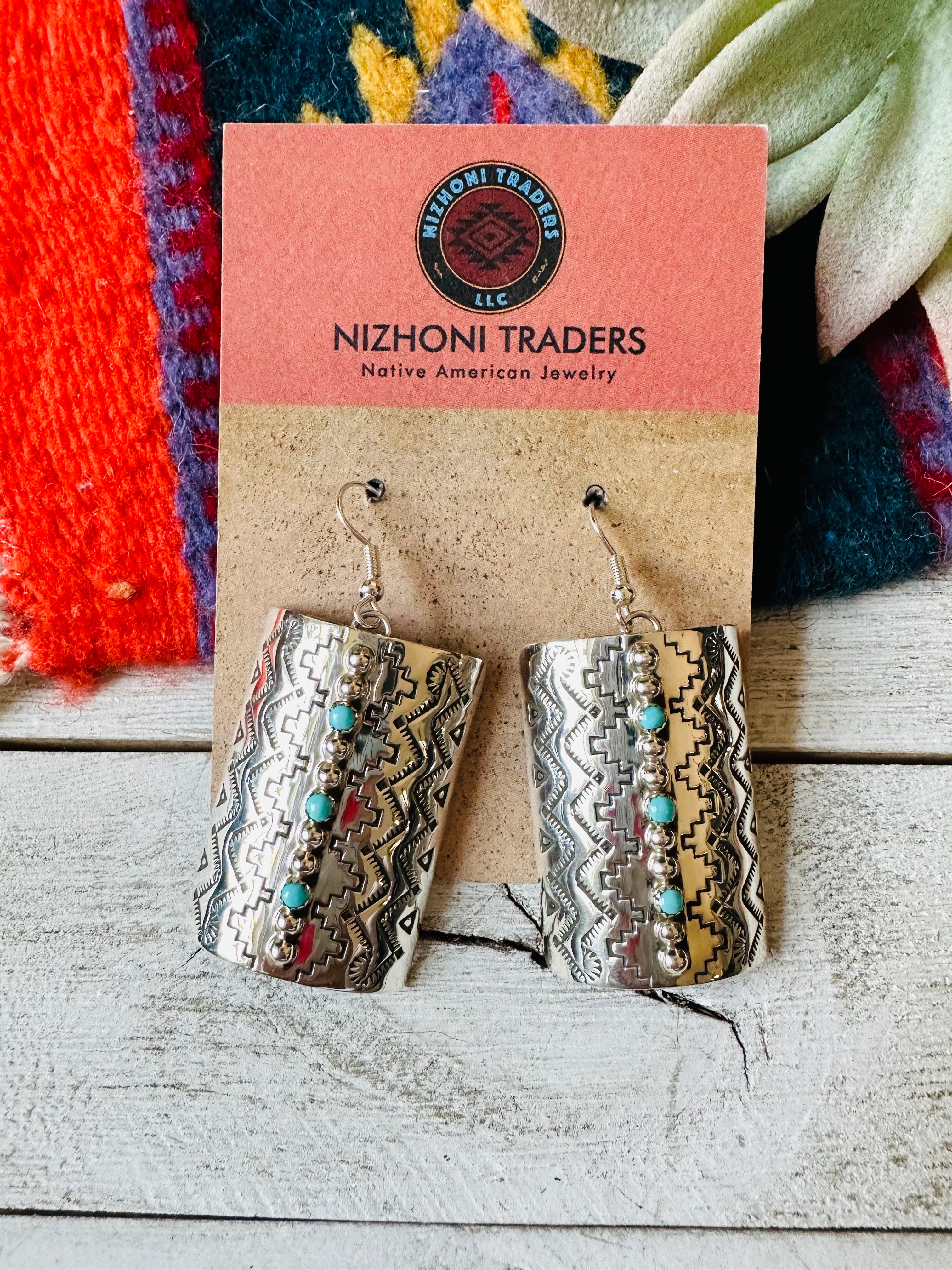 Navajo Hand Stamped Sterling Silver & Turquoise Dangle Earrings