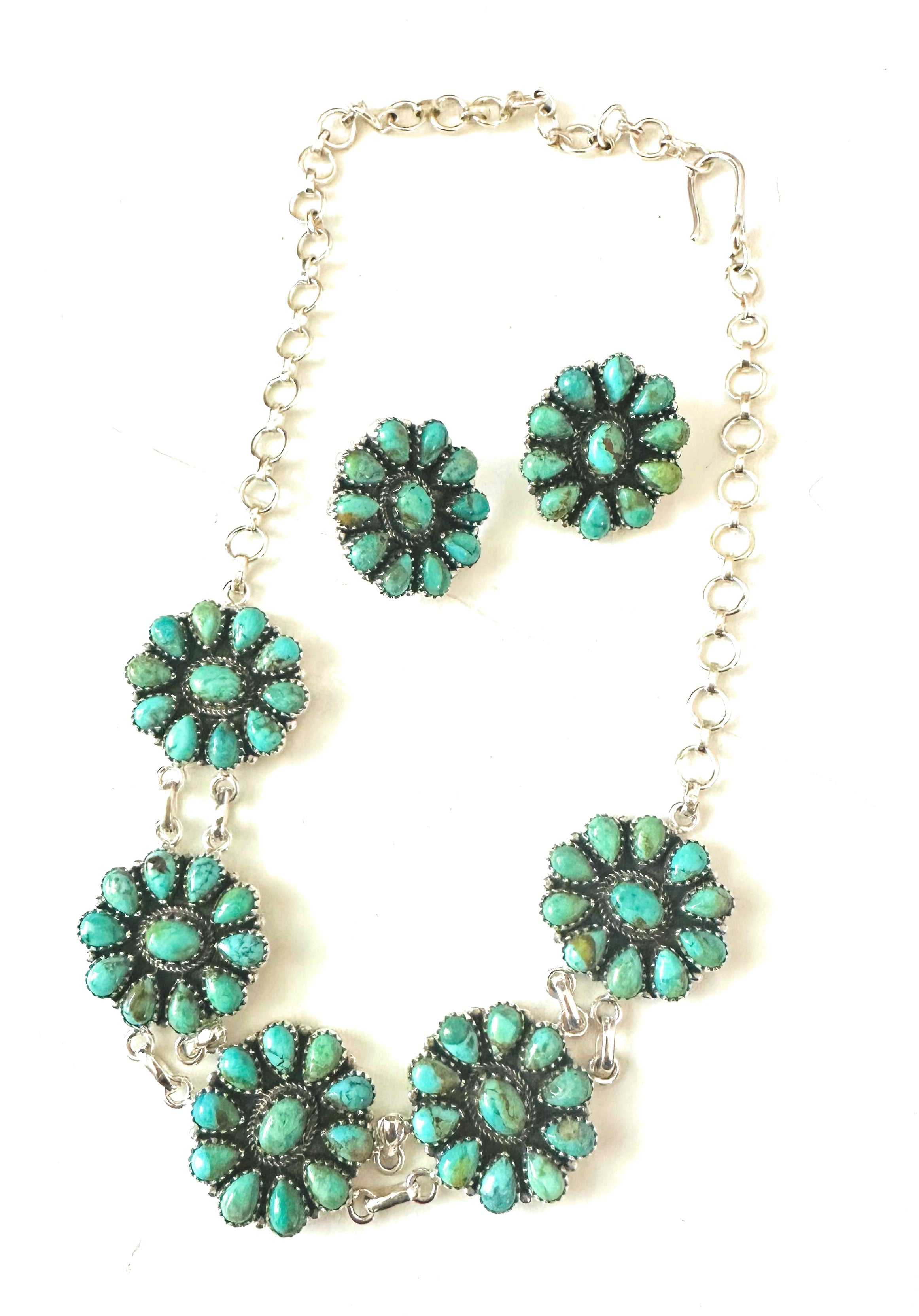 Handmade Sterling Silver & Kingman Turquoise Cluster Choker Set