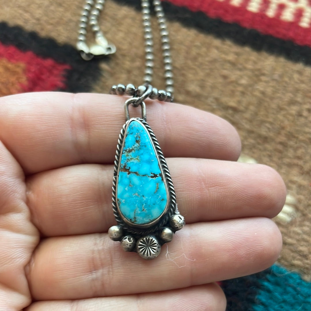 Signed Navajo Sterling Silver Natural Blue Turquoise discount Pendant Necklace