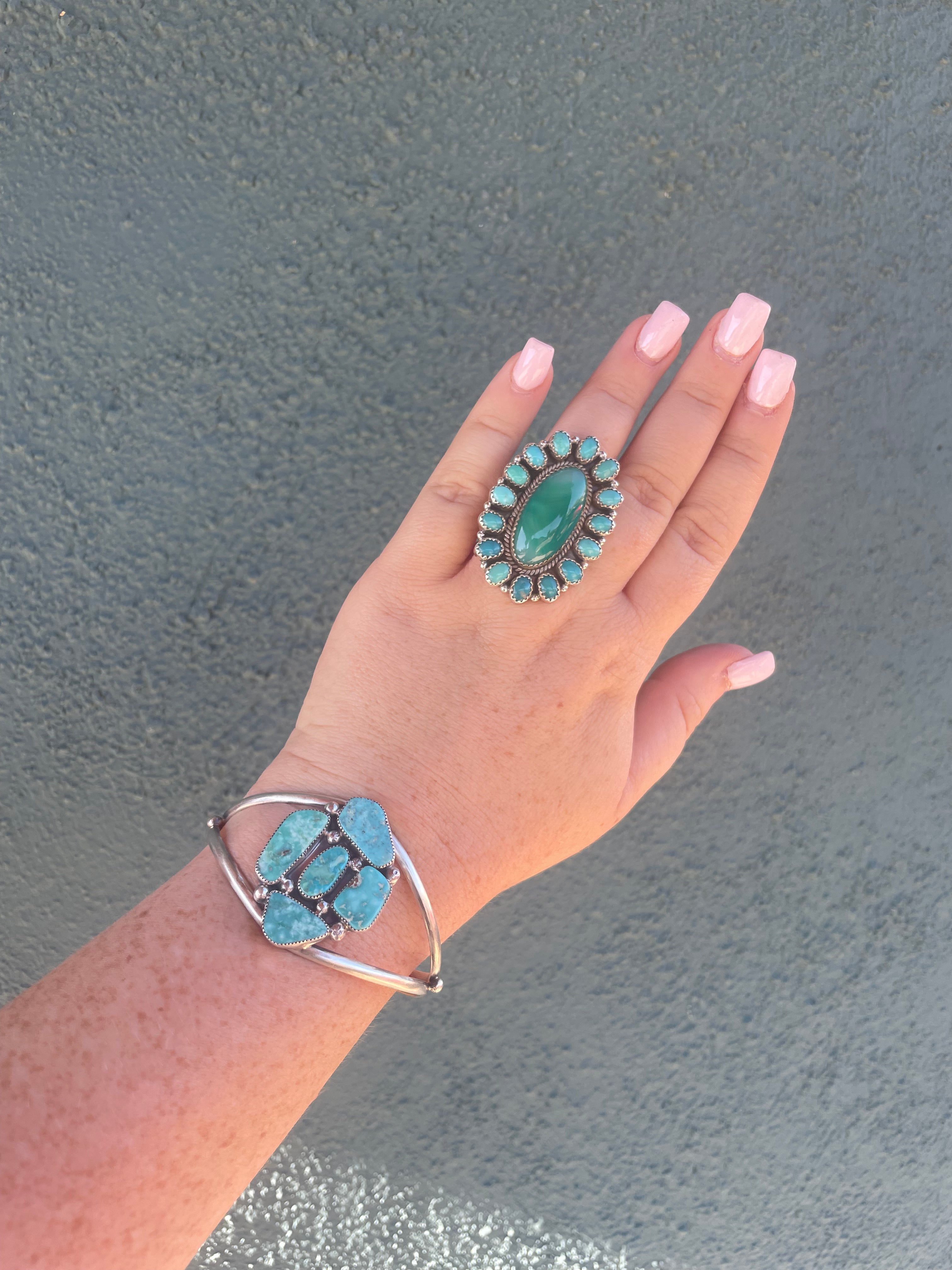 “The Jessi” Navajo Turquoise & Sterling Cluster Adjustable Cuff By J Begay