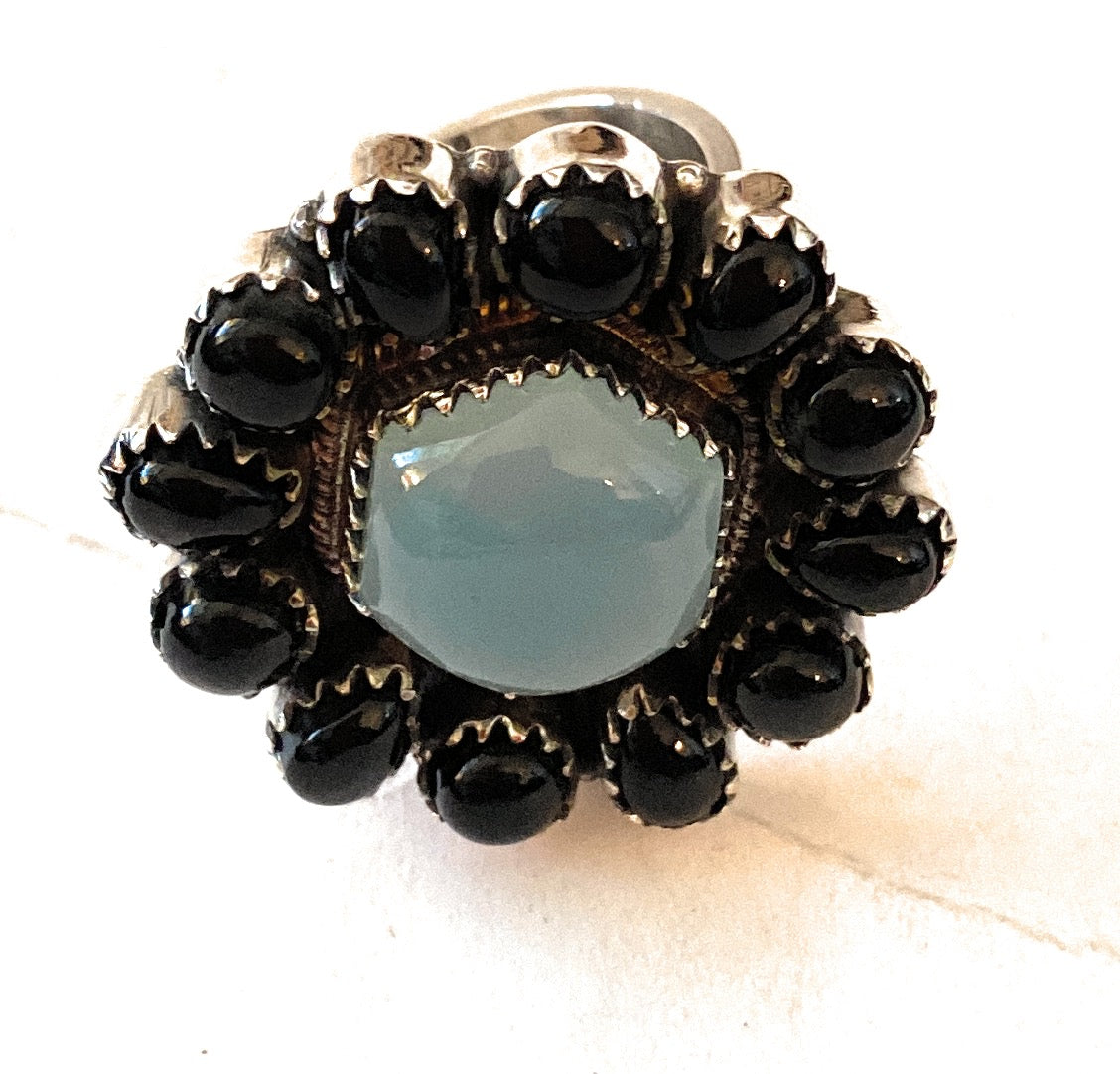 Handmade Sterling Silver, Opalite & Onyx Cluster Adjustable Ring