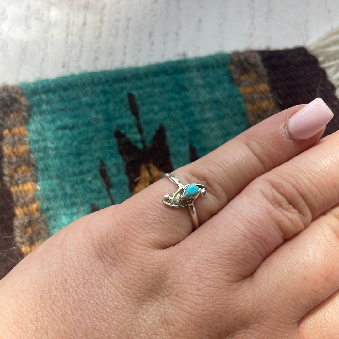 Navajo Single Stone Turquoise & Stamped Sterling Silver Ring