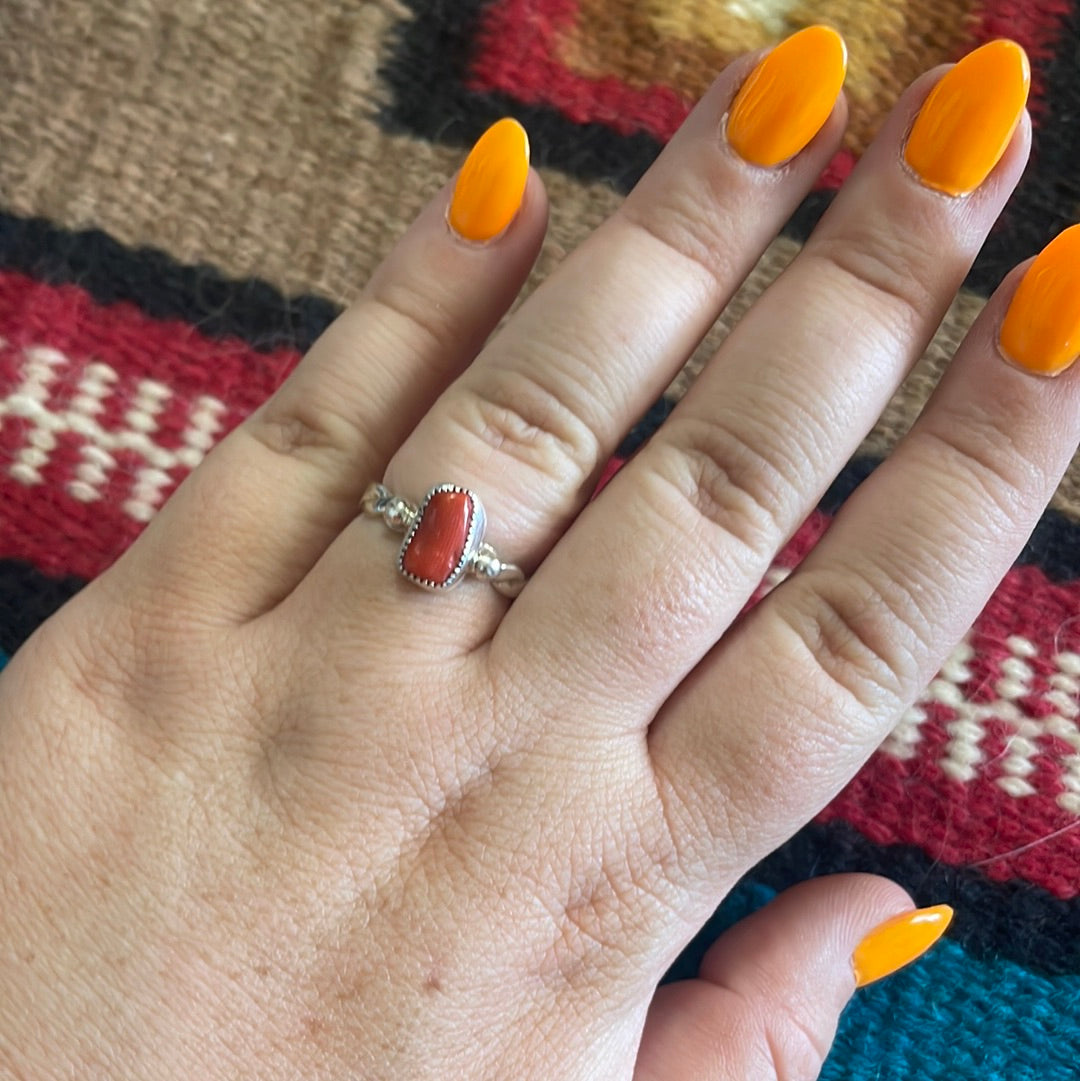 Navajo Coral Sterling Silver Braided Ring