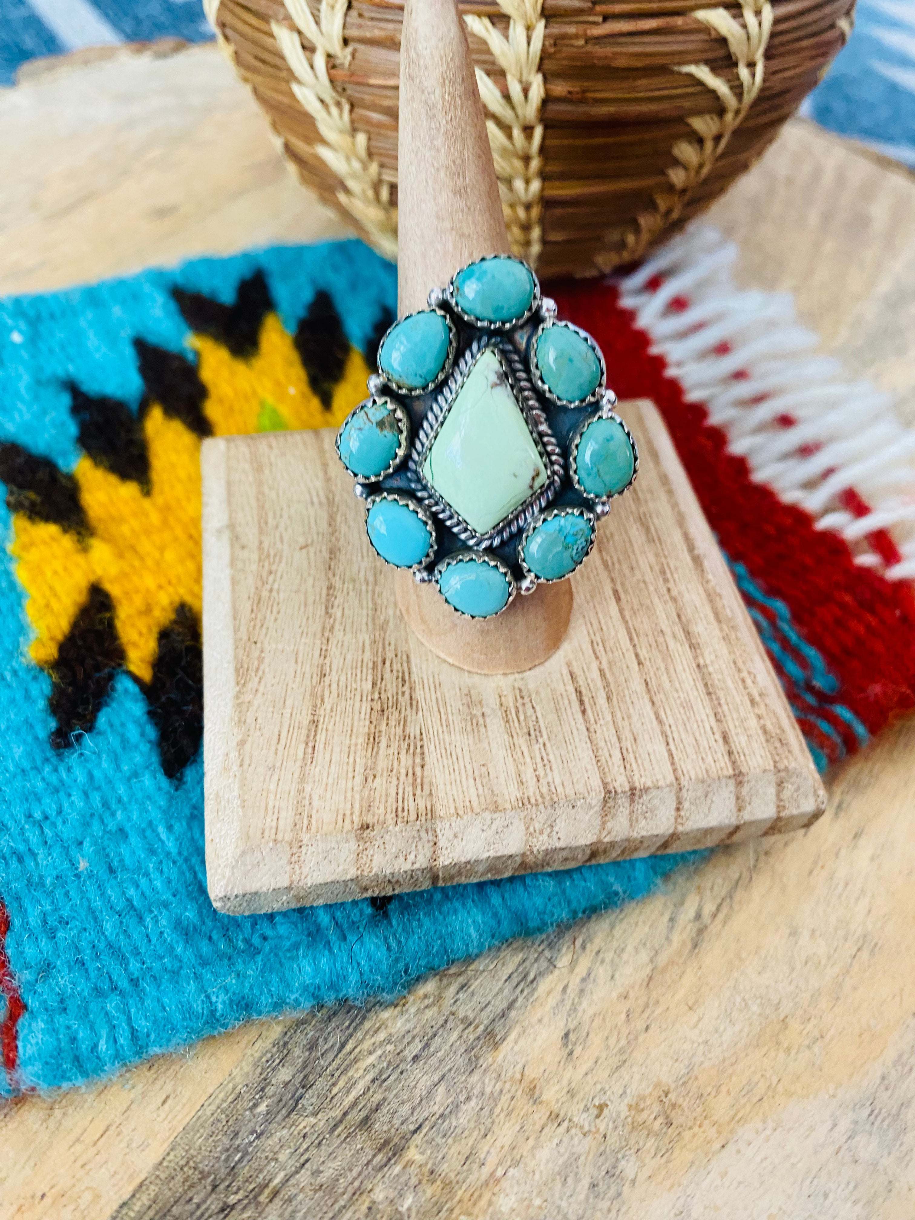 Handmade Sterling Silver, Variscite & Turquoise Cluster Adjustable Ring