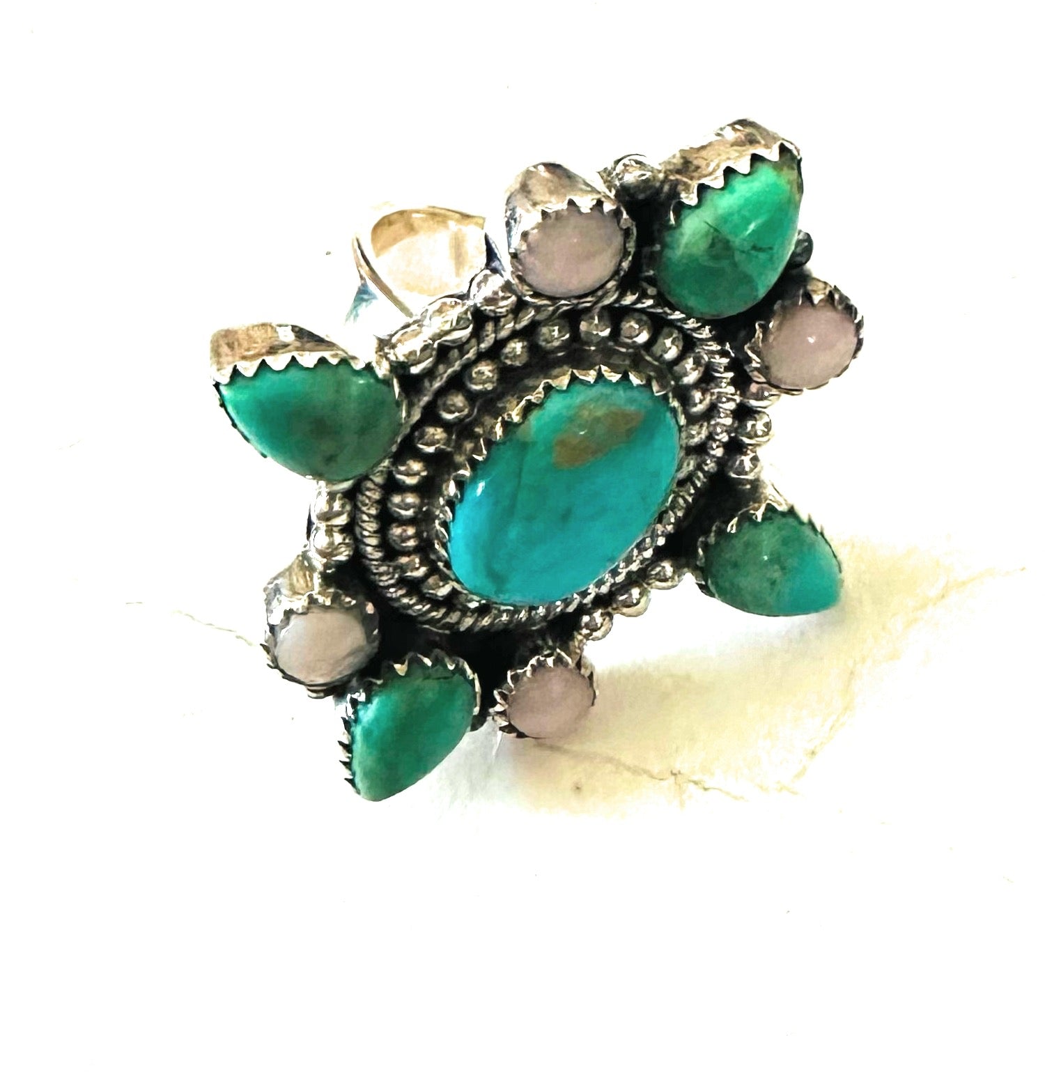 Handmade Sterling Silver, Pink Conch & Turquoise Cluster Adjustable Ring