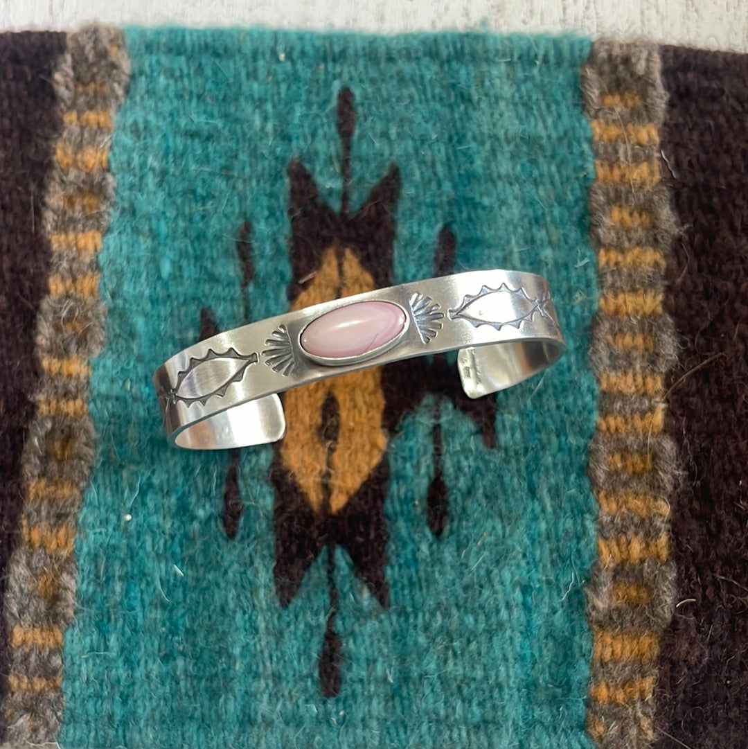 Navajo Pink Conch & Sterling Silver Adjustable Cuff Bracelet Signed