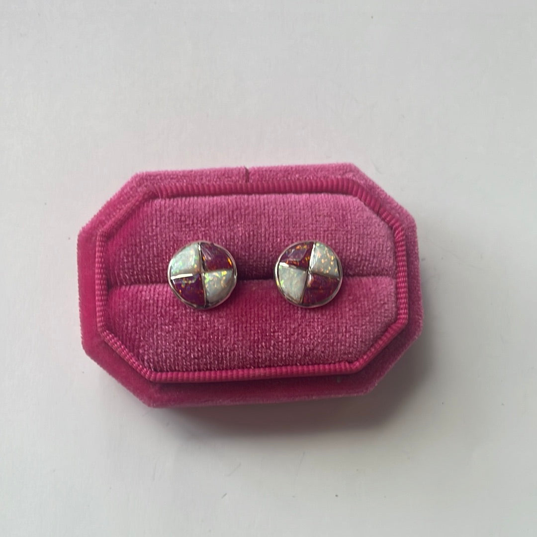 Navajo White & Pink Opal Inlay & Sterling Silver Stud Earrings