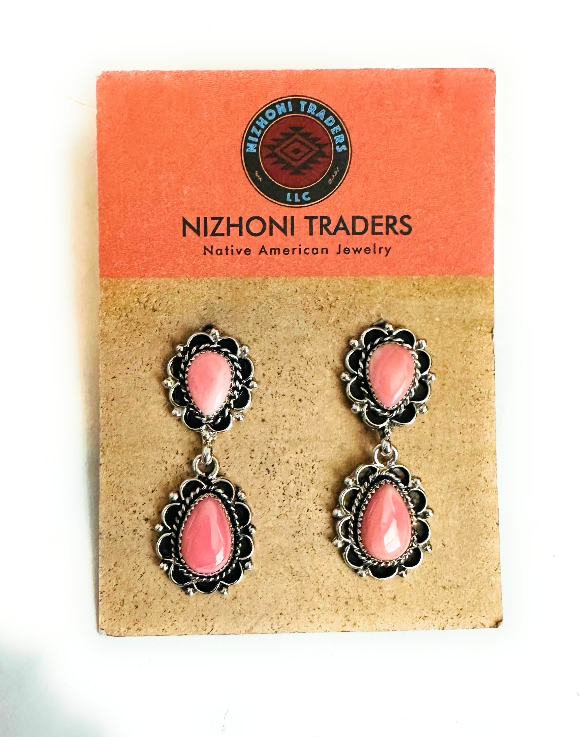 Navajo Queen Pink Conch & Sterling Silver Dangle Earrings