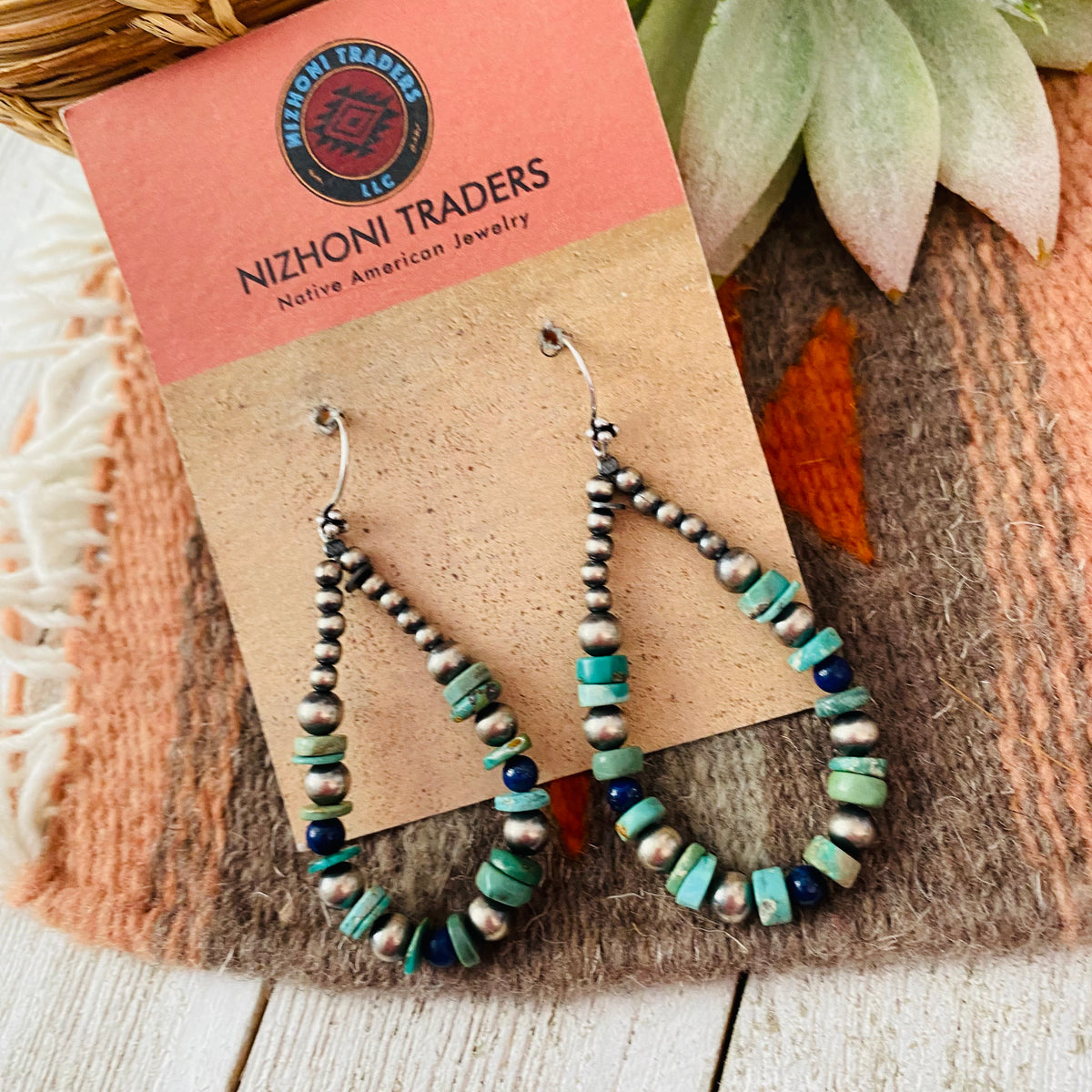 Navajo Pearl Bead & Lapis Bead Dangle Hoop Earrings purchases For Women