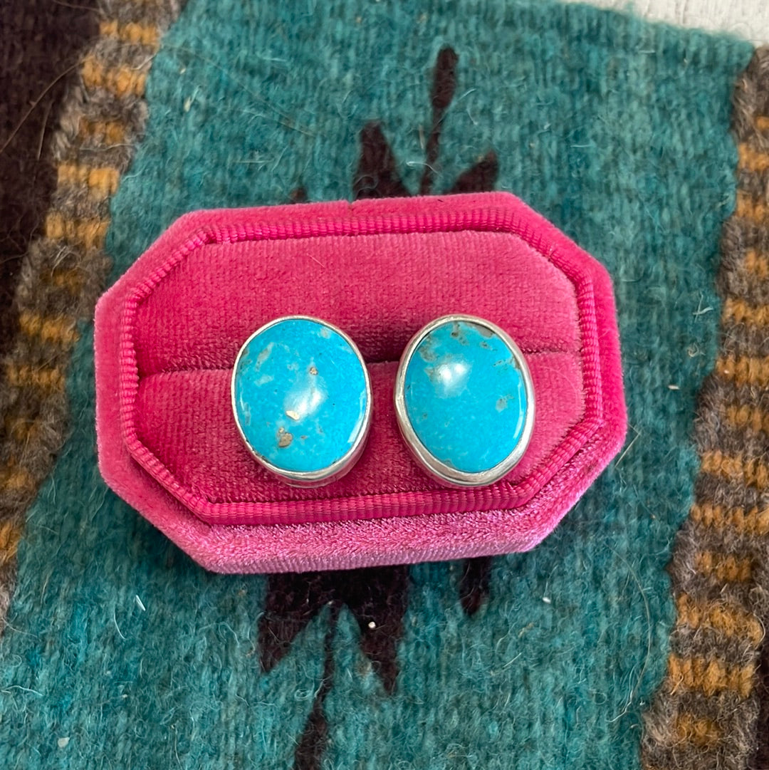 Navajo Turquoise & Sterling Silver Oval Stud Earrings Signed