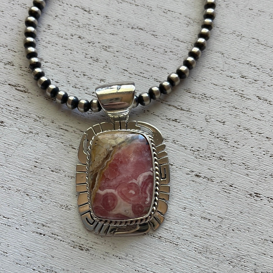 Navajo Sterling Silver & Rhodochrosite Pendant Signed