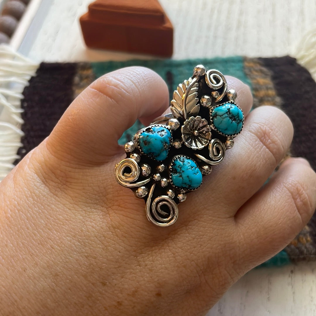 Navajo Sterling Silver & Turquoise Flower Ring Size 9