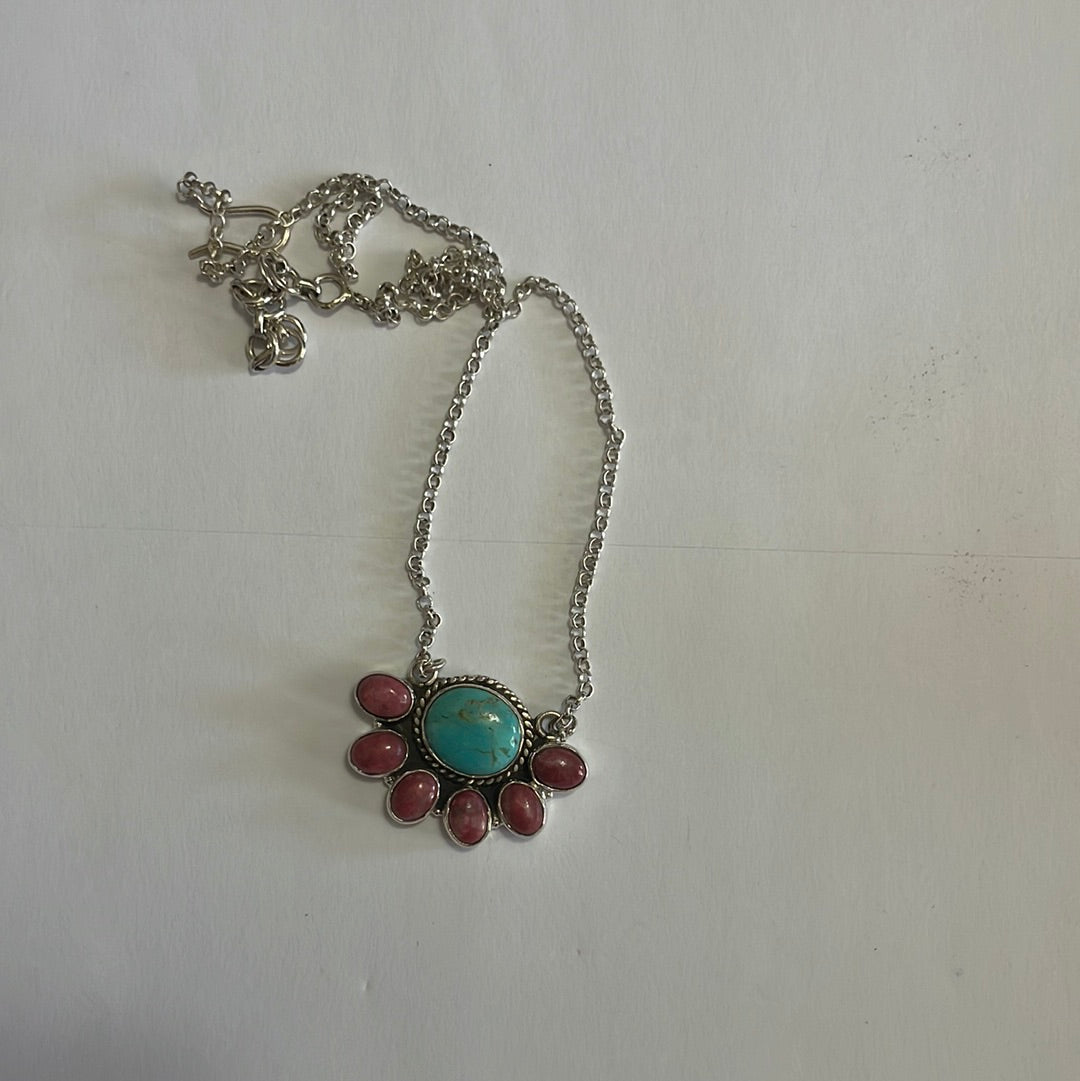 Handmade Sterling Silver, Rhodonite & Turquoise Necklace