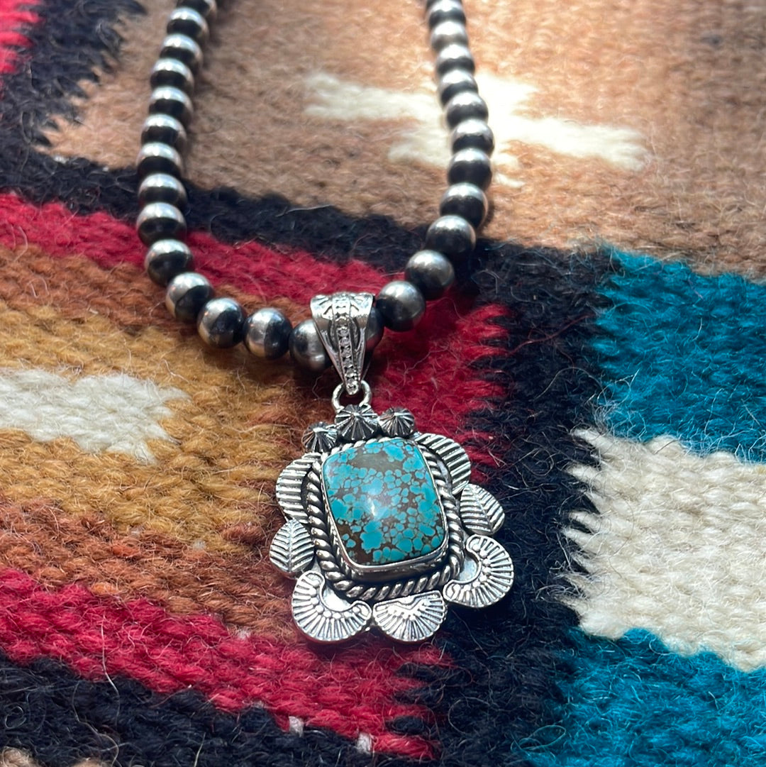 Handmade Sterling Silver & Number 8 Turquoise Pendant Signed Nizhoni