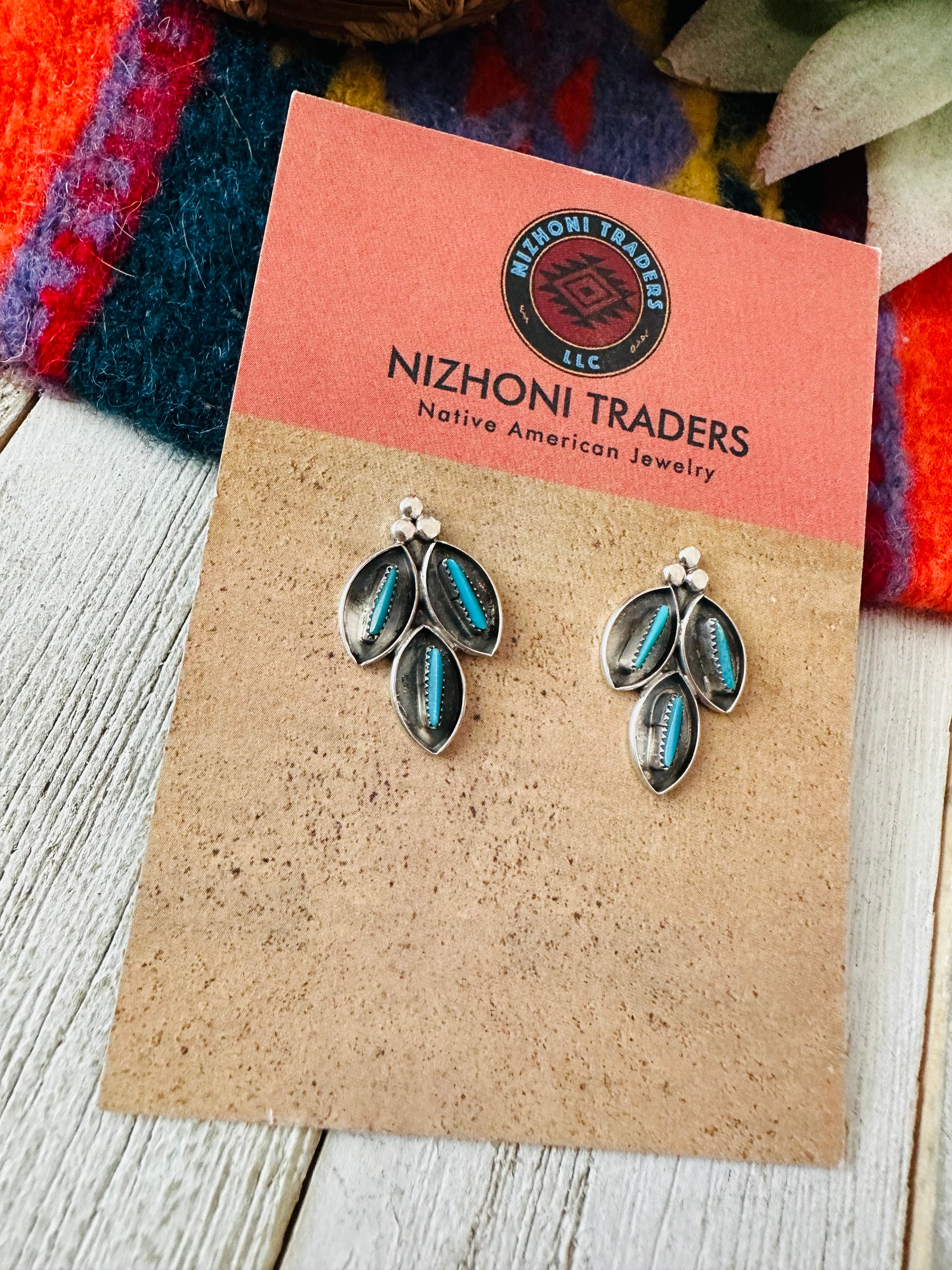 Zuni Turquoise & Sterling Silver Shadowbox Stud Earrings