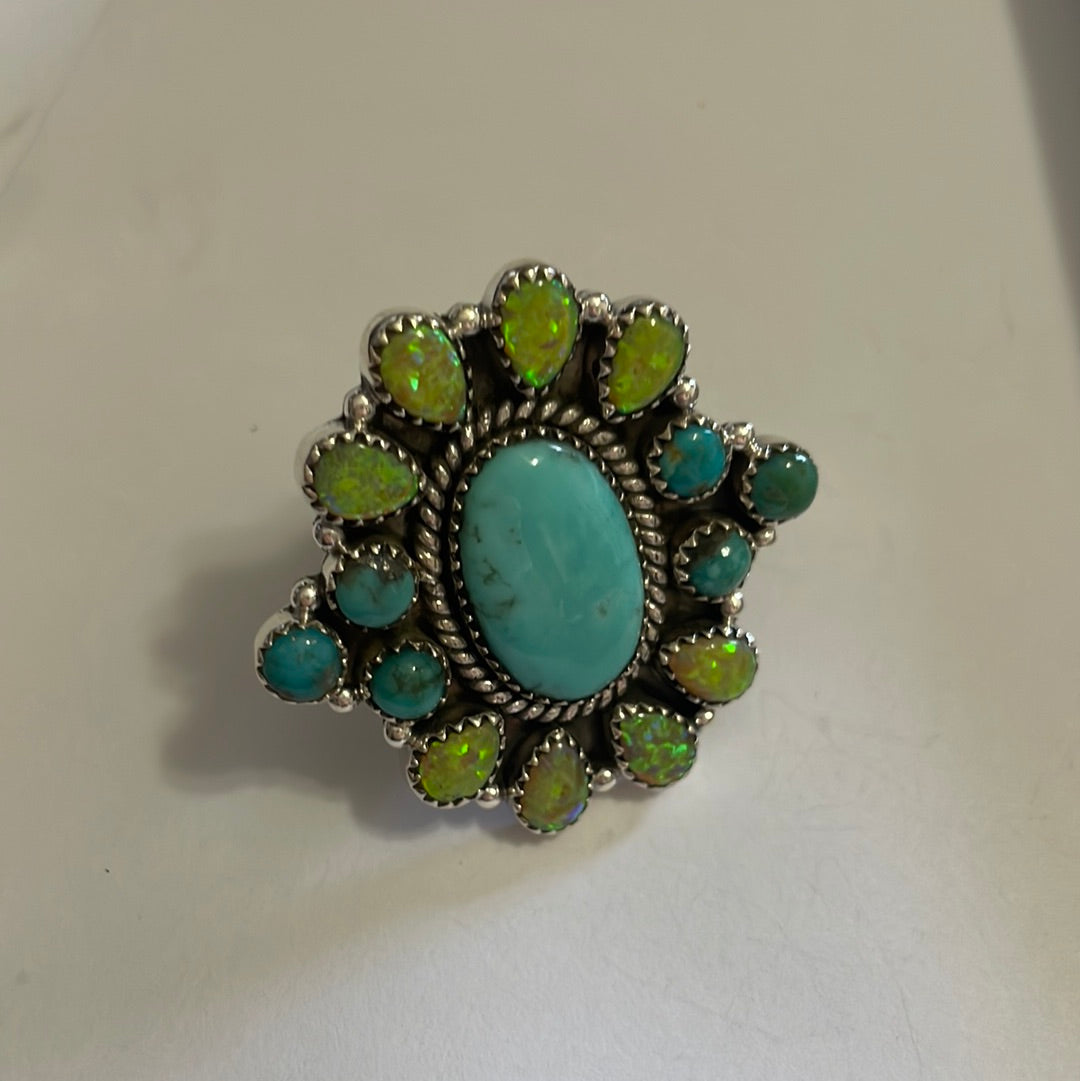 Nizhoni Handmade Fire Opal, Turquoise And Sterling Silver Adjustable Ring