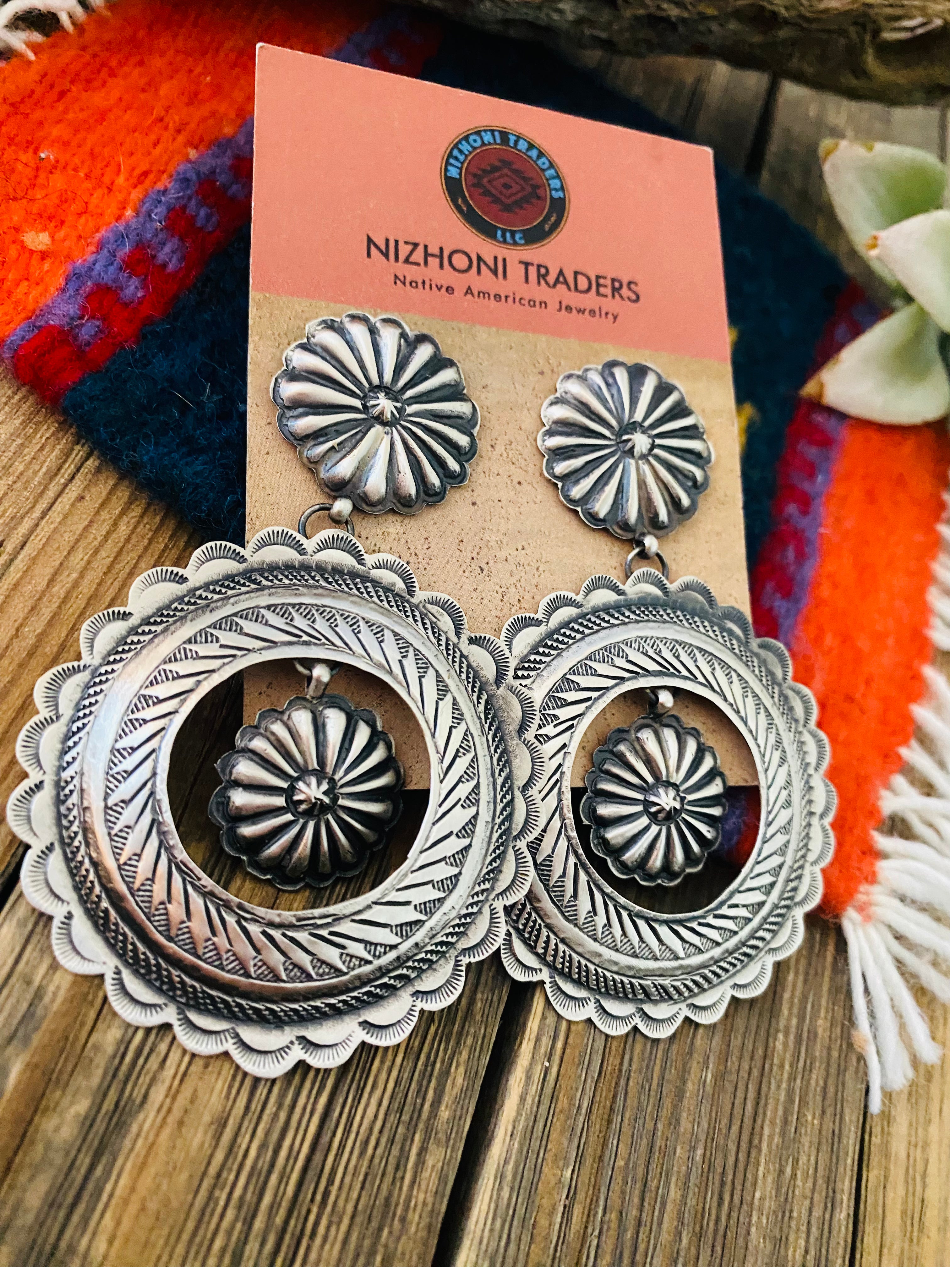 Navajo Hand Stamped Sterling Silver Concho Dangle Earrings