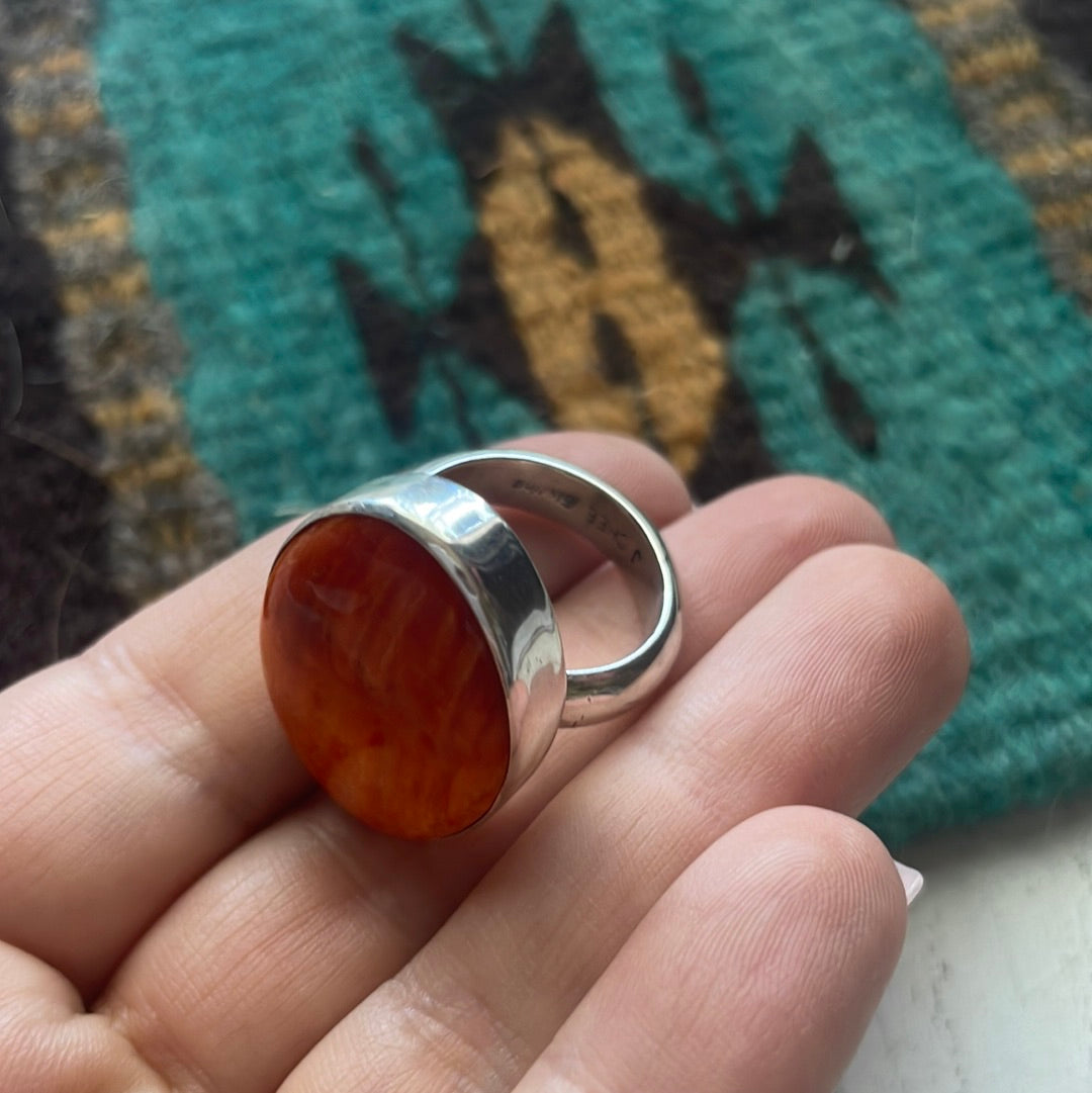 Navajo Sterling Silver & Orange Spiny Ring Size 7.5