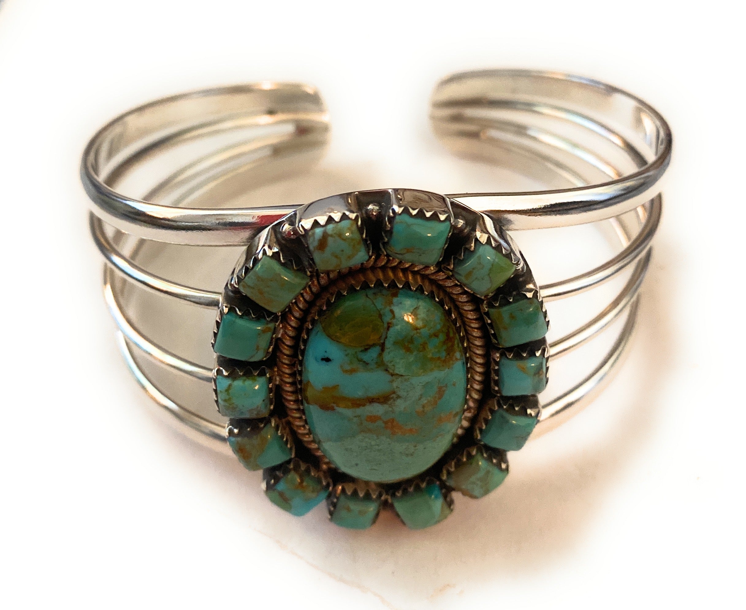 Handmade Sterling Silver & Royston Turquoise Cluster Cuff Bracelet