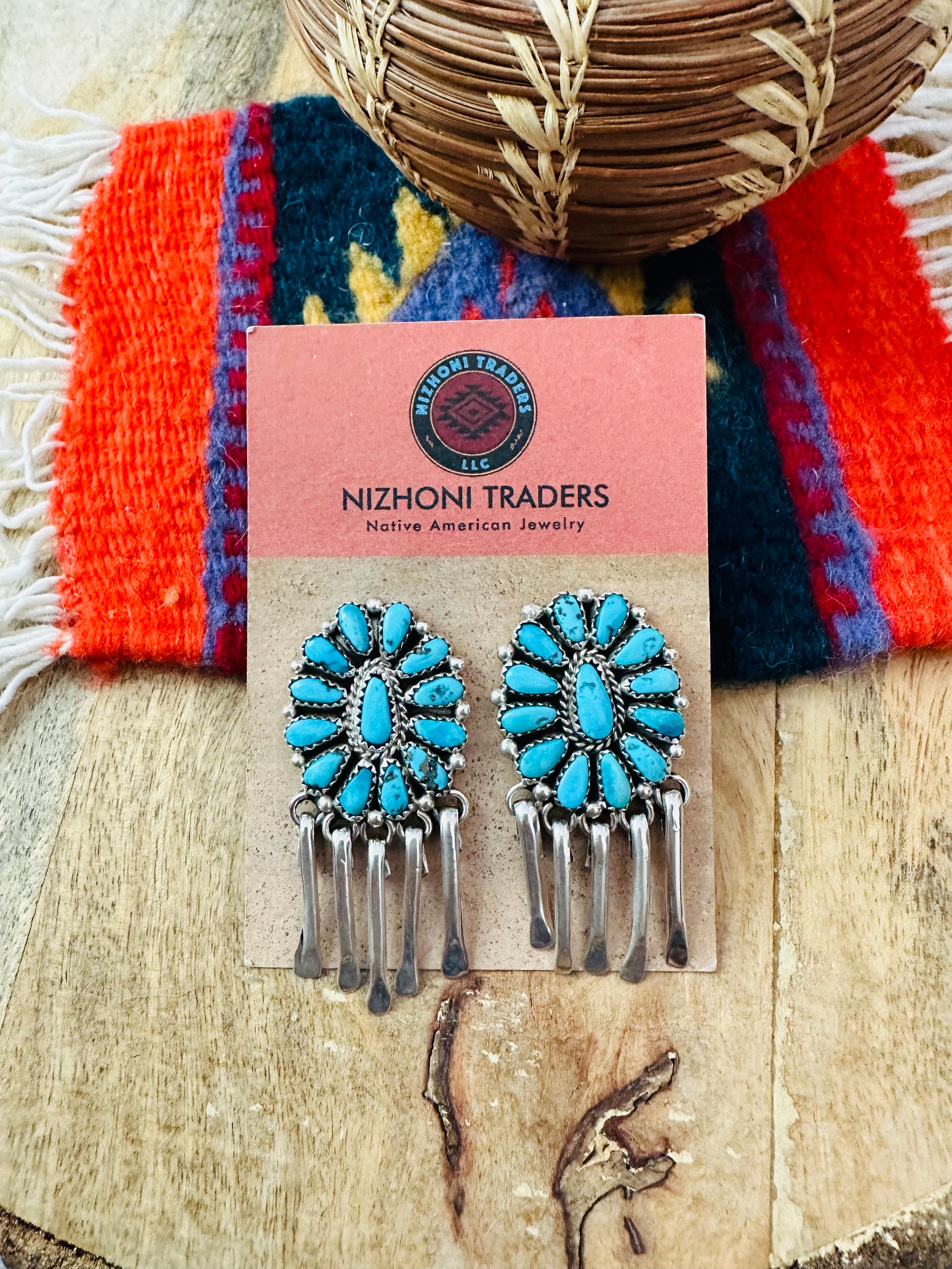 Navajo Sterling Silver & Turquoise Cluster Dangle Earrings