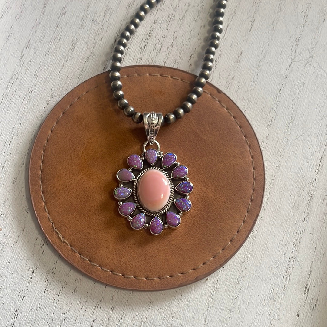 Handmade Pink Conch, Purple Fire Opal & Sterling Silver Oval Flower Pendant