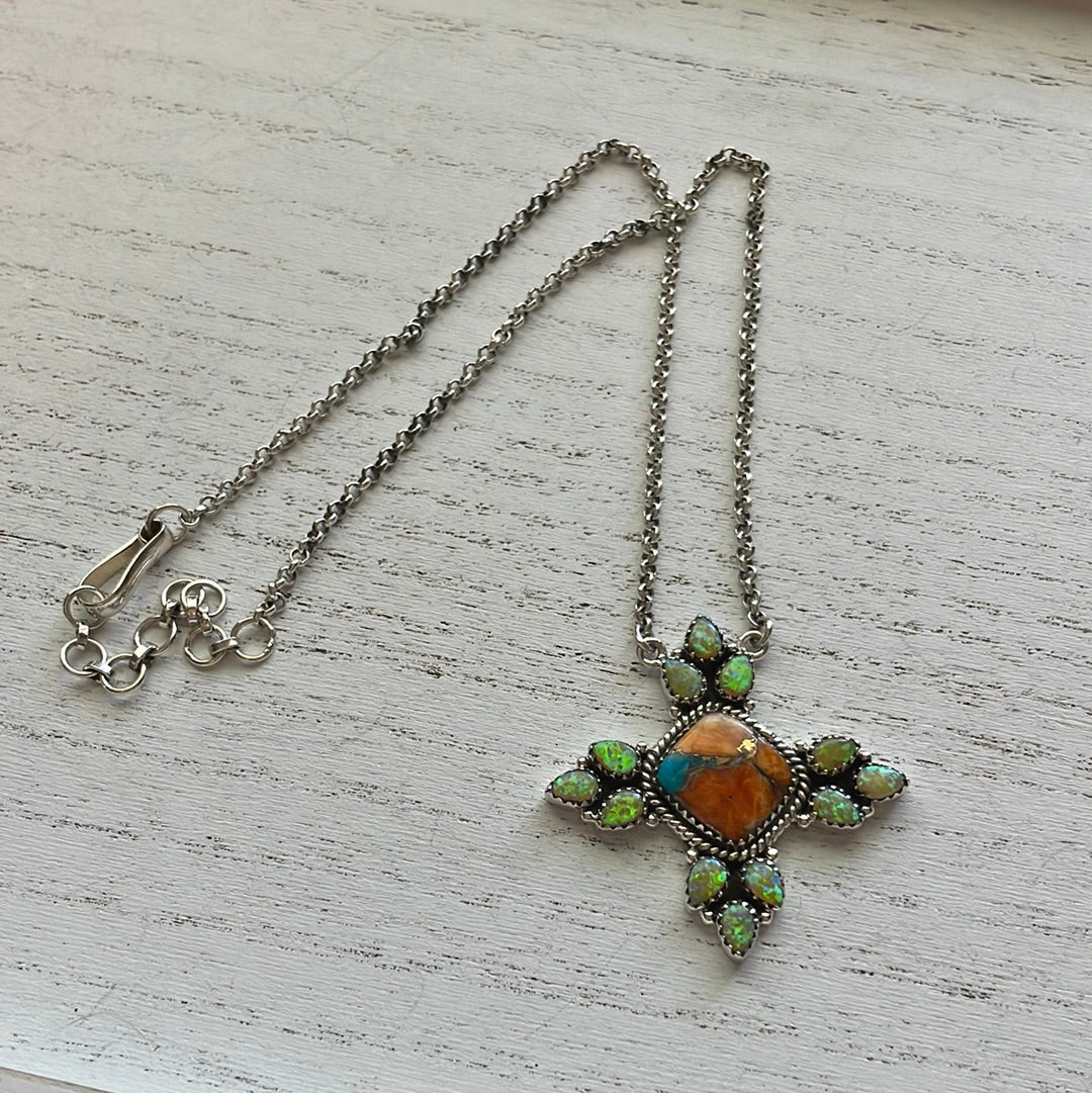 Handmade Sterling Silver, Opal & Spice Necklace Signed Nizhoni