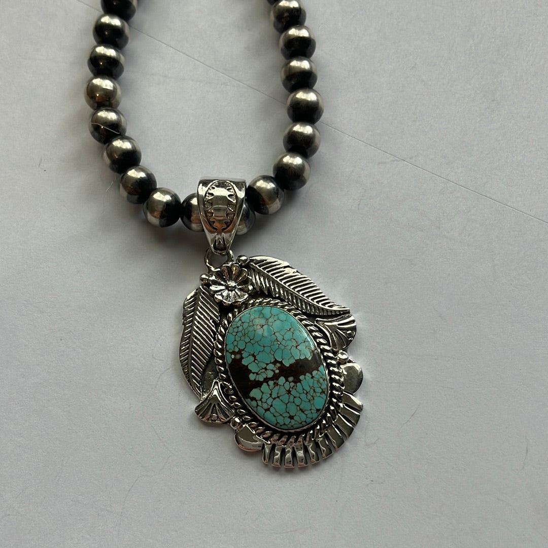 Handmade Sterling Silver & Number 8 Turquoise Pendant Signed Nizhoni