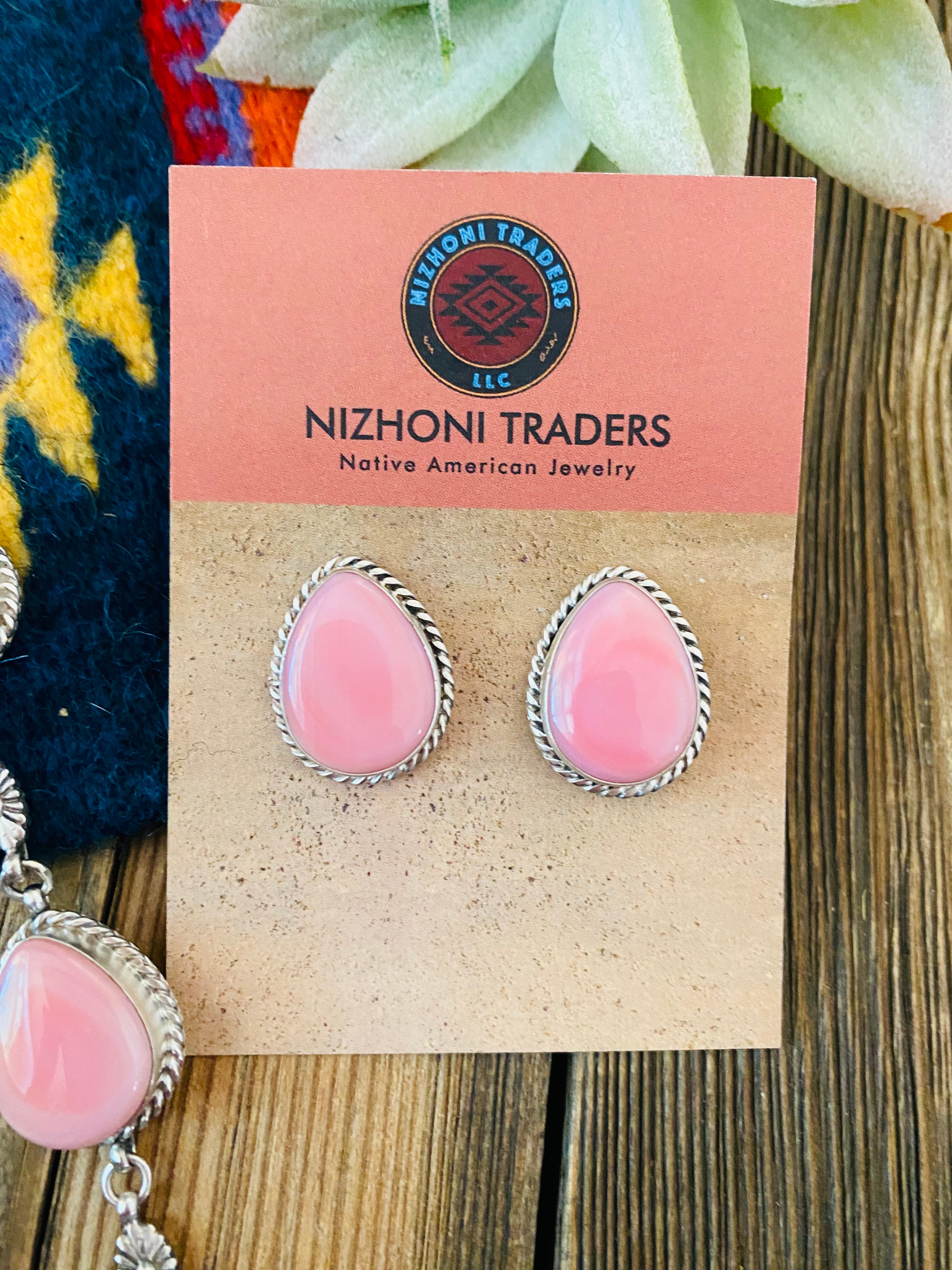 Navajo Pink Conch And Sterling Silver Necklace Earrings Set Signed Phyllis Smith