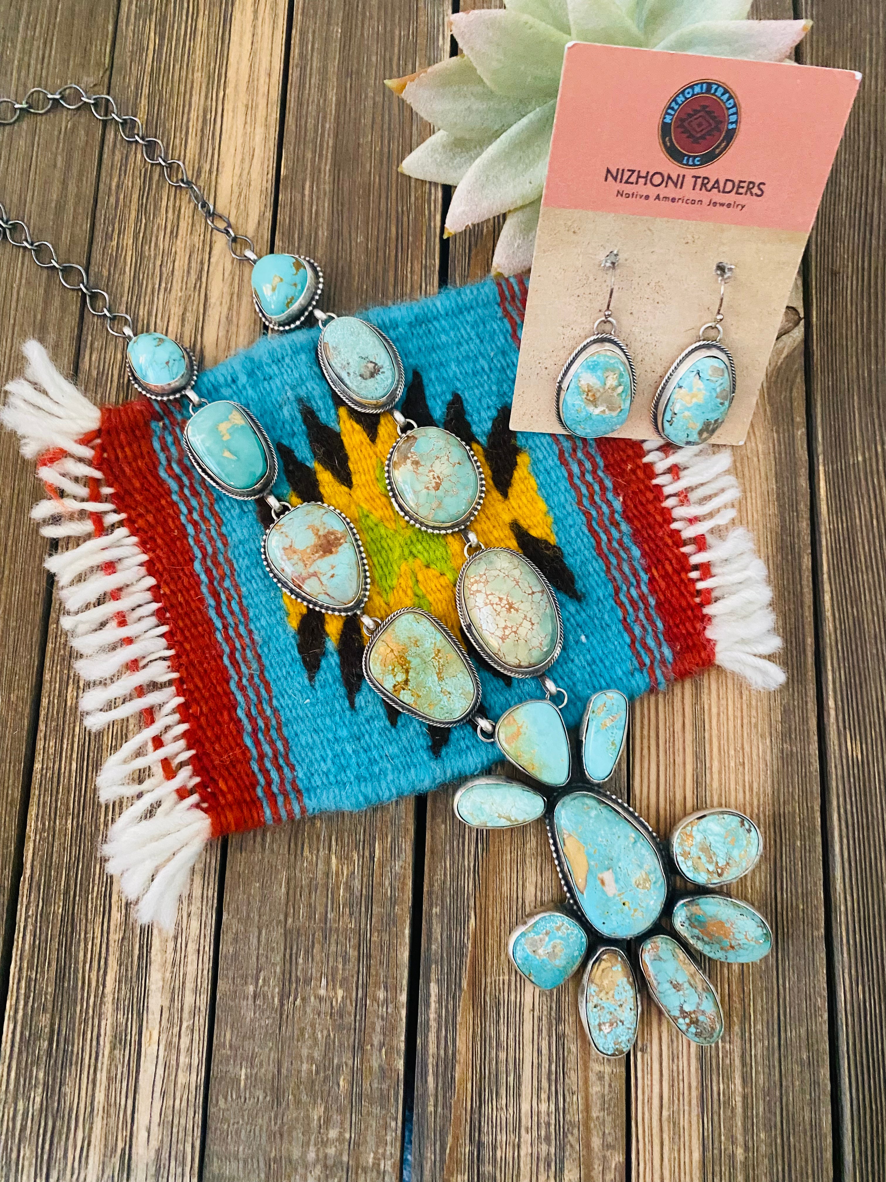 Stunning Navajo Carico Lake Turquoise & Sterling Silver Necklace Set