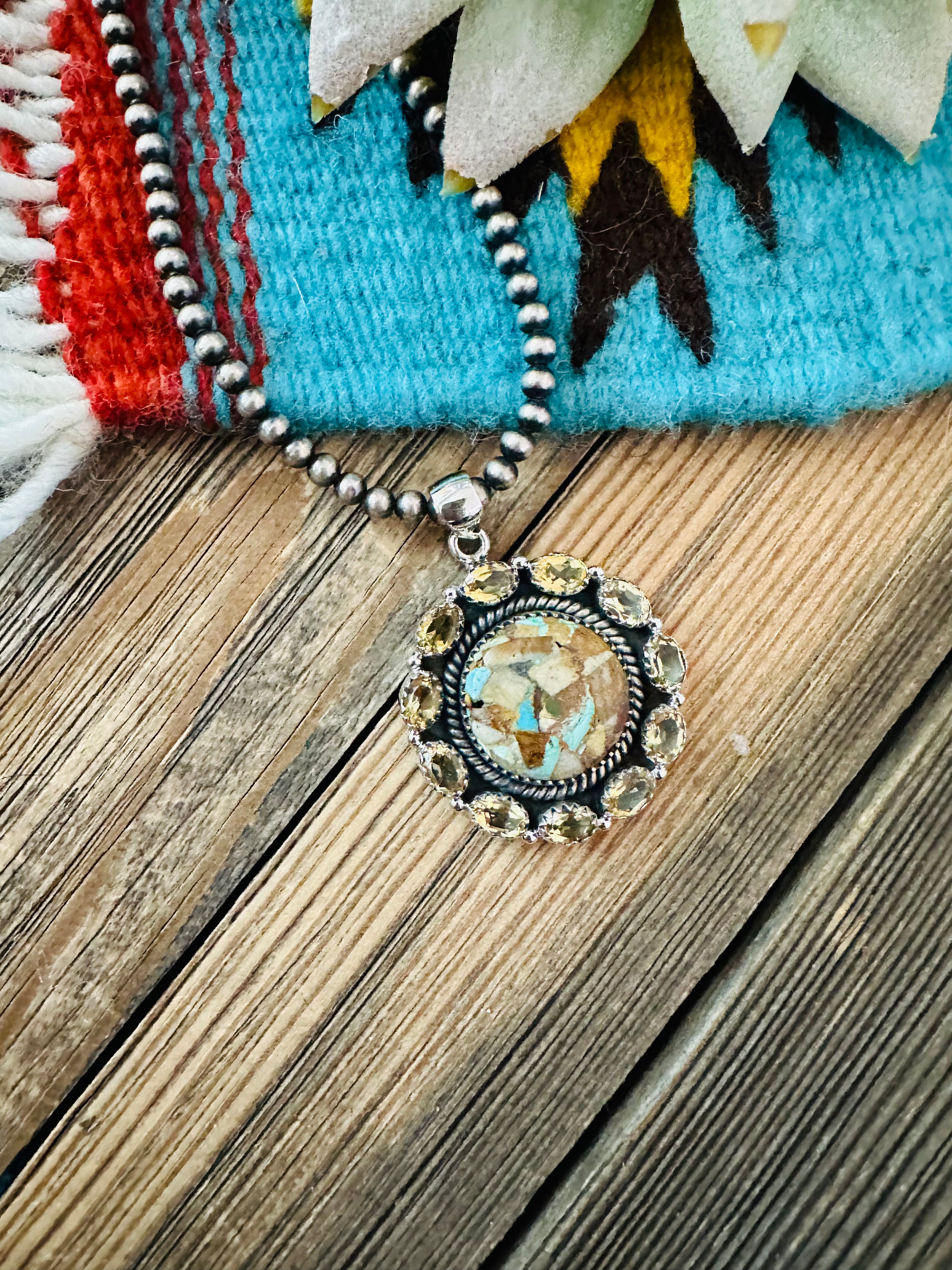 Handmade Sterling Silver, Turquoise & Citrine Cluster Pendant