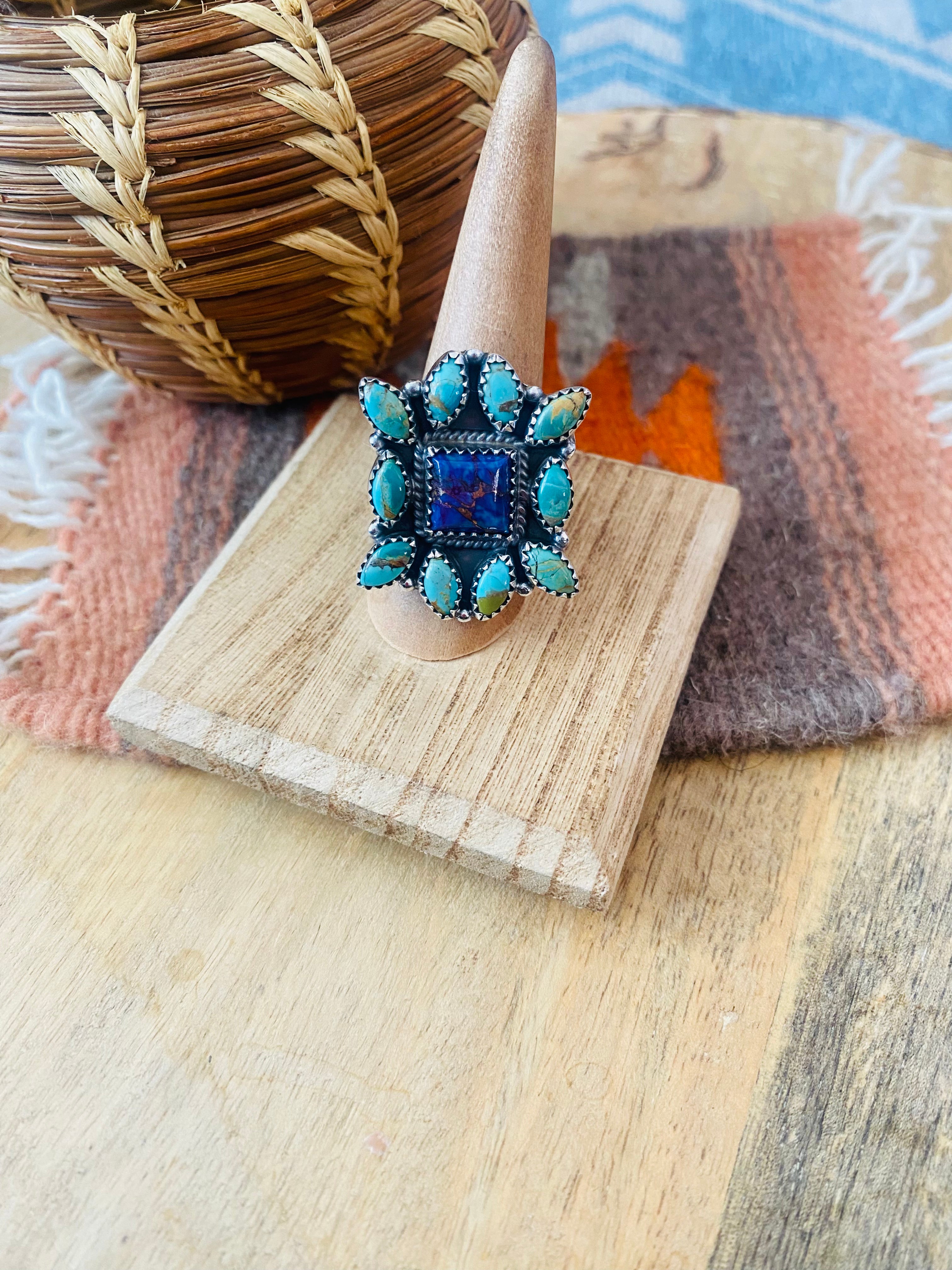 Handmade Sterling Silver, Turquoise & Purple Mojave Cluster Adjustable Ring