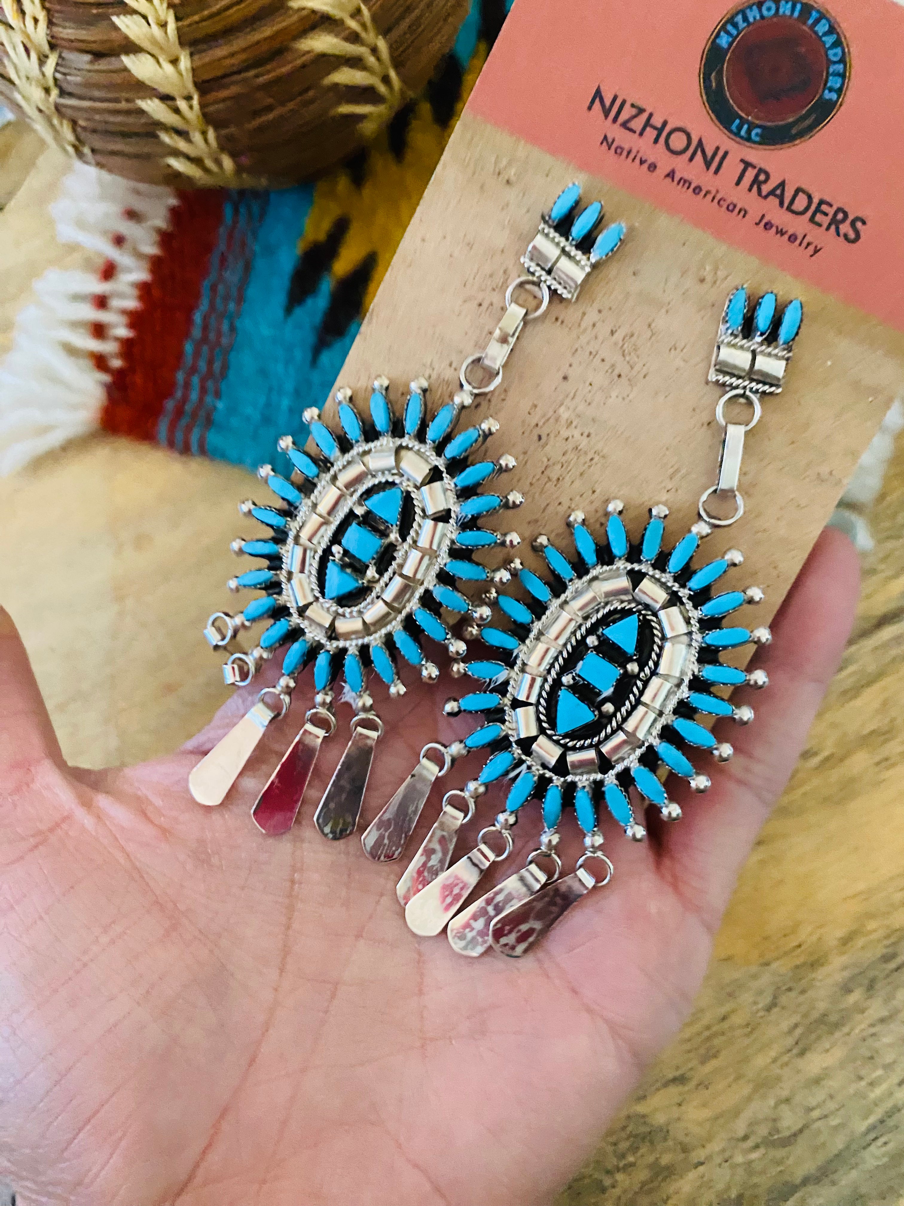 Zuni Sterling Silver & Turquoise Cluster Dangle Earrings