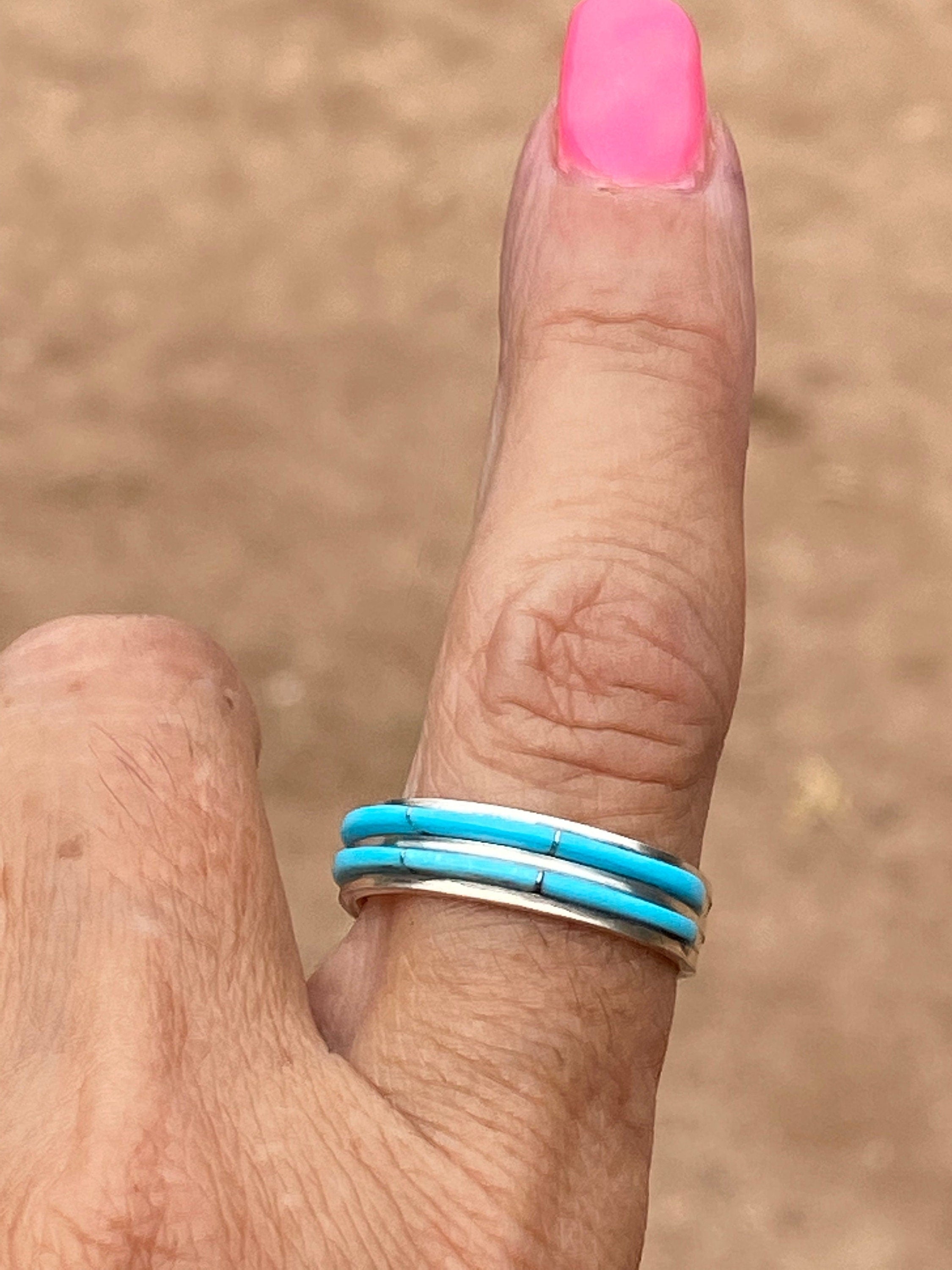 Zuni Sterling Silver & Double Row Turquoise Stone rolled Inlay Band Ring