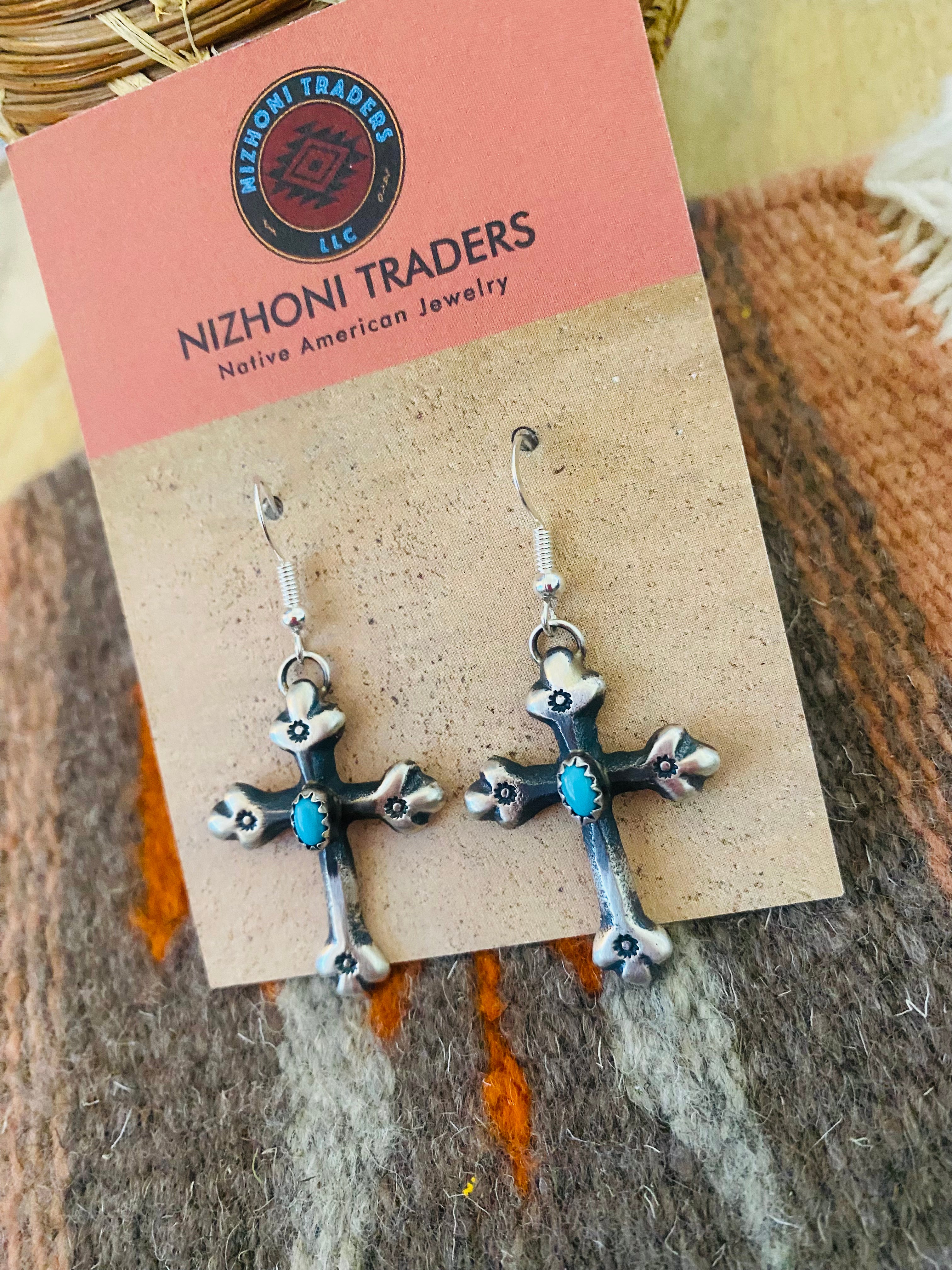 Navajo Sterling Silver & Turquoise Cross Dangle Earrings