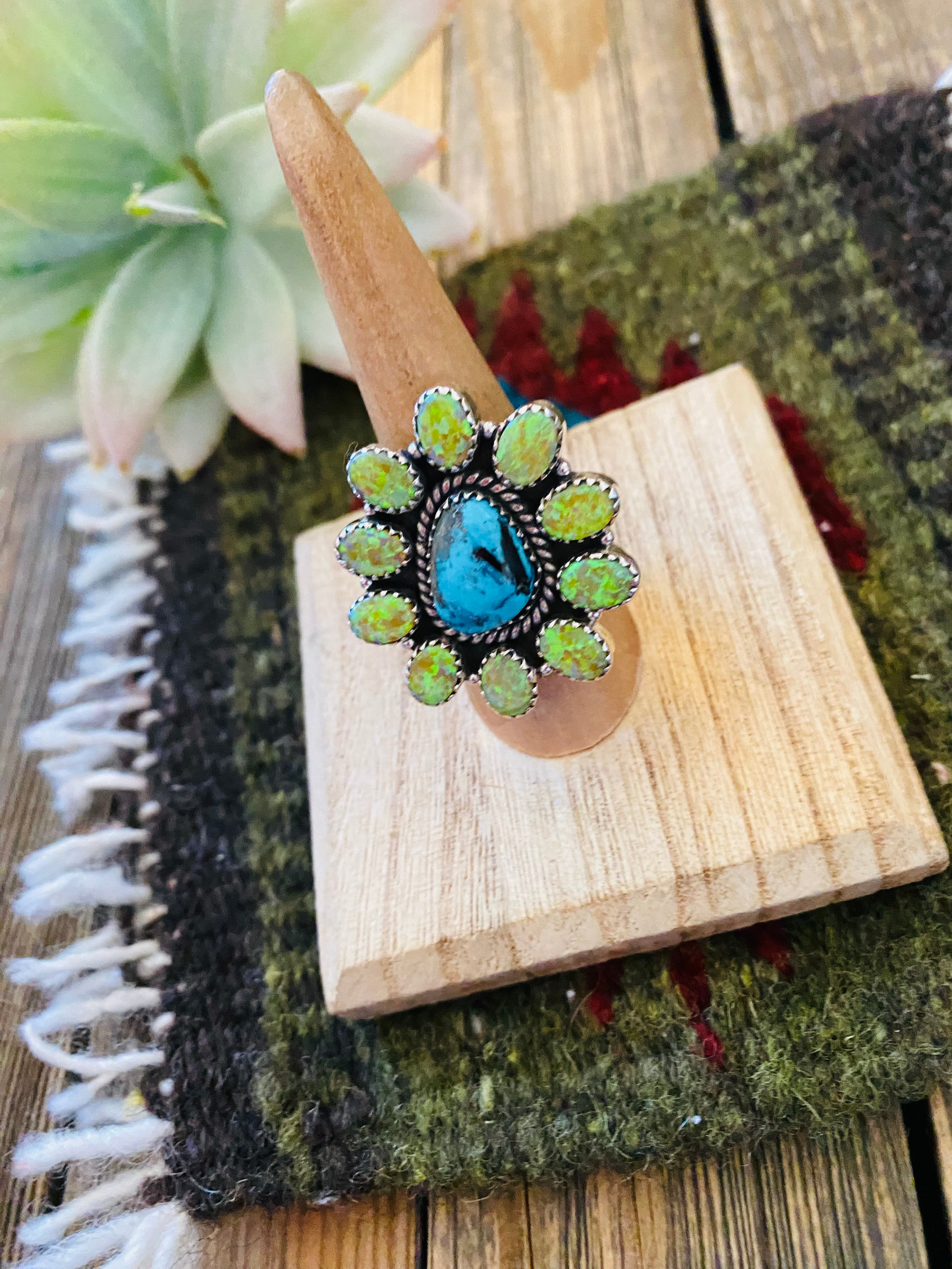 Handmade Sterling Silver, Turquoise & Opal Adjustable Ring