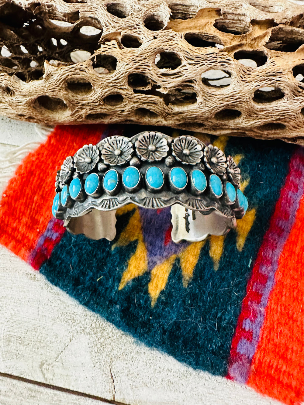 Navajo Turquoise & Sterling Silver Flower Cuff Bracelet /