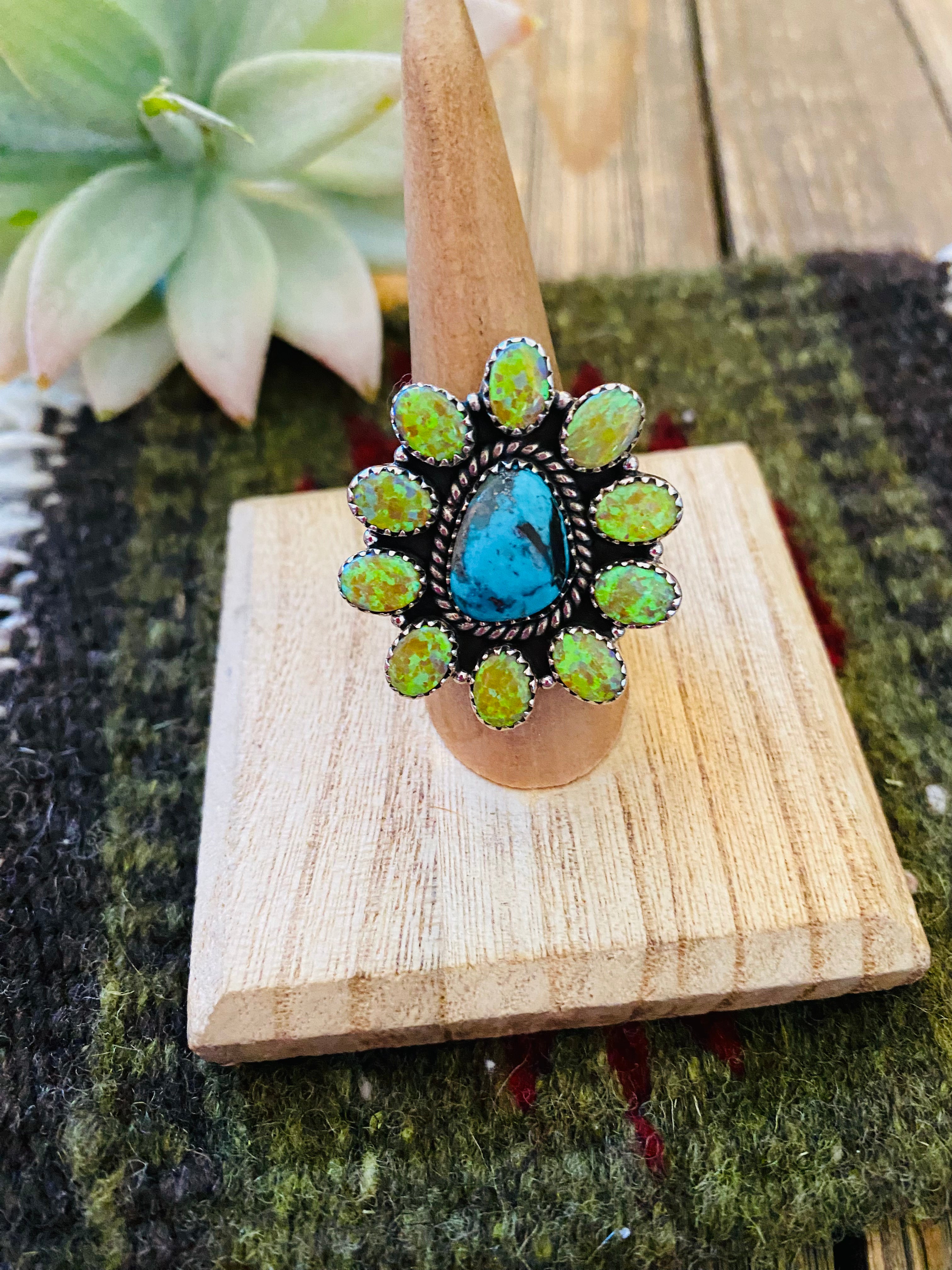 Handmade Sterling Silver, Turquoise & Opal Adjustable Ring