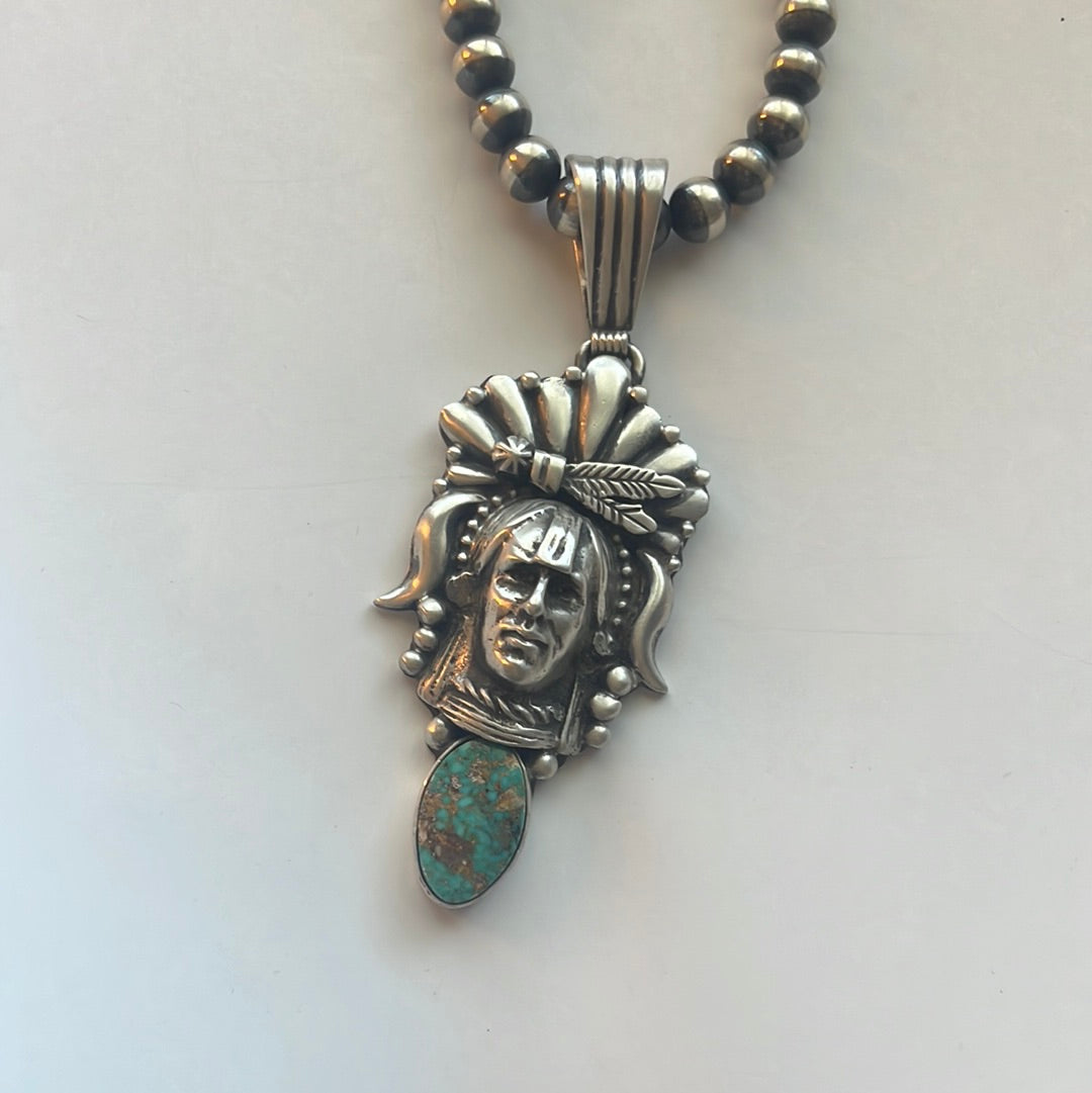 Beautiful Navajo Sterling Silver & Turquoise Chief Pendant Signed Russell Sam