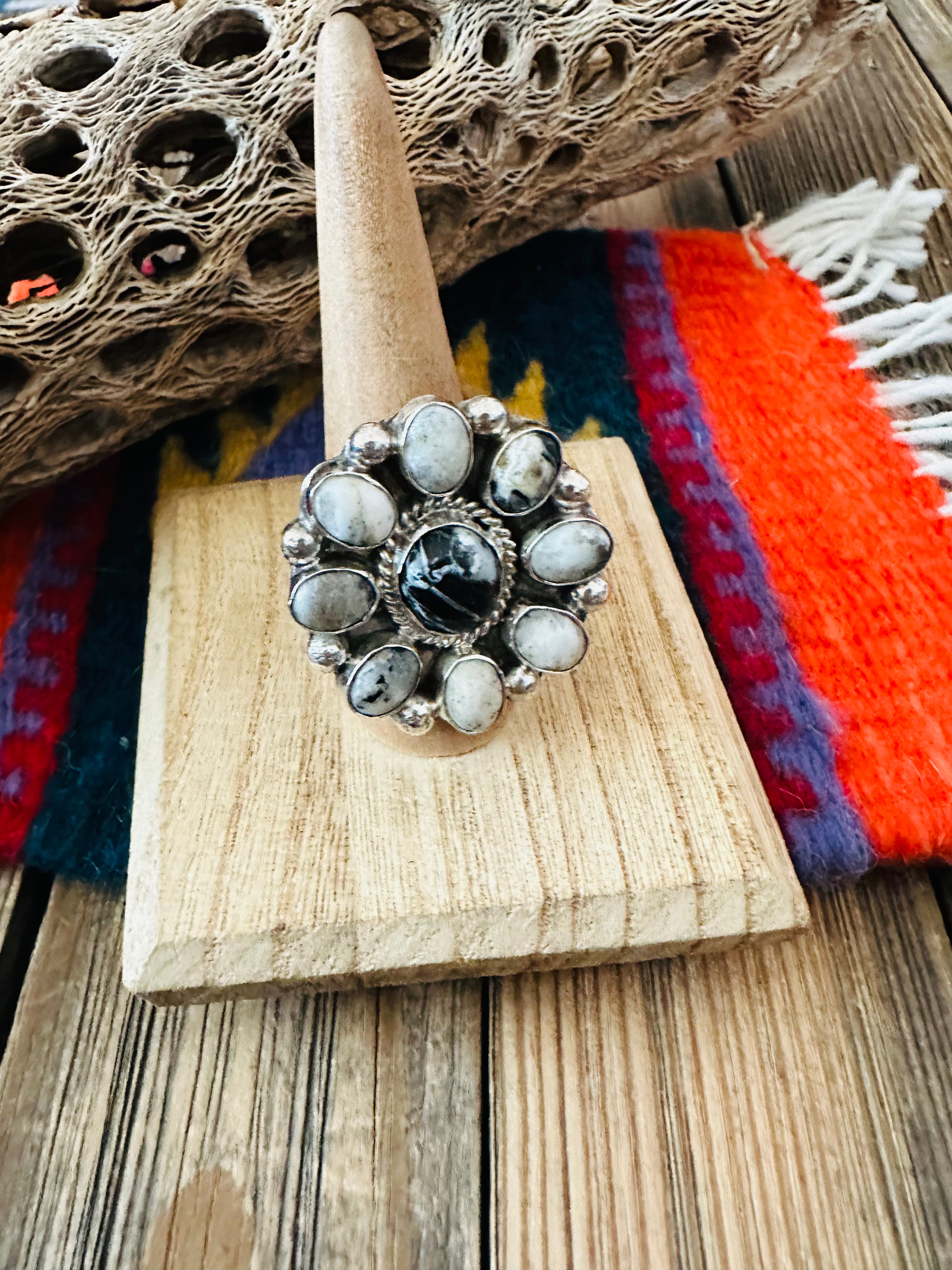 Navajo Sterling Silver And White Buffalo Cluster Adjustable Ring