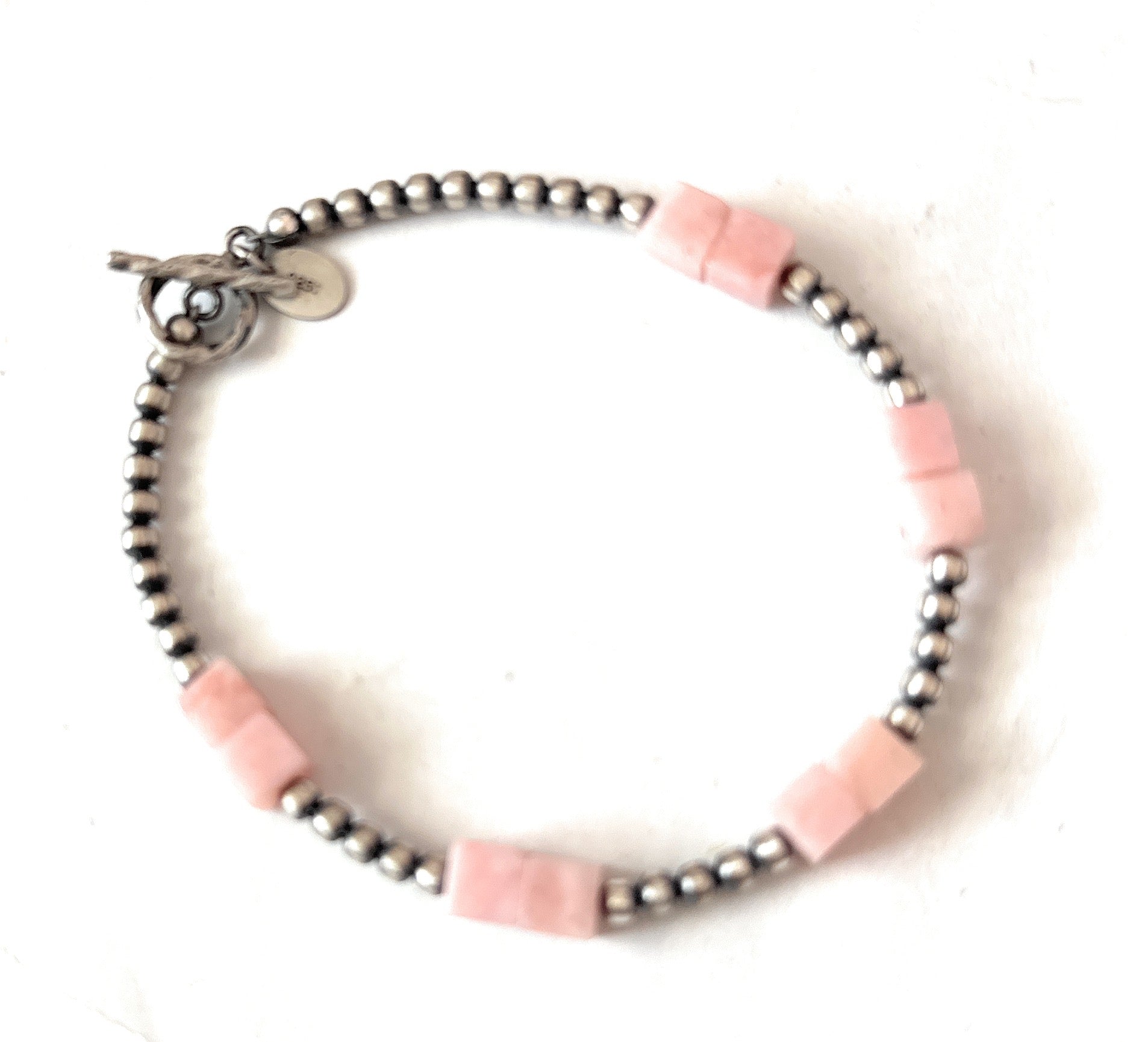 Navajo Queen Pink Conch Shell & Sterling Silver Beaded Bracelet