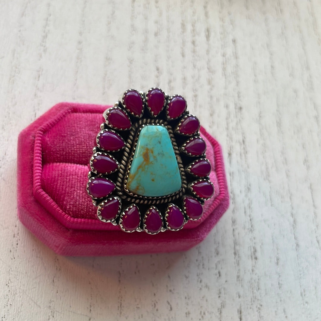 Handmade Pink Onyx & Turquoise Sterling Silver Adjustable Ring Signed Nizhoni