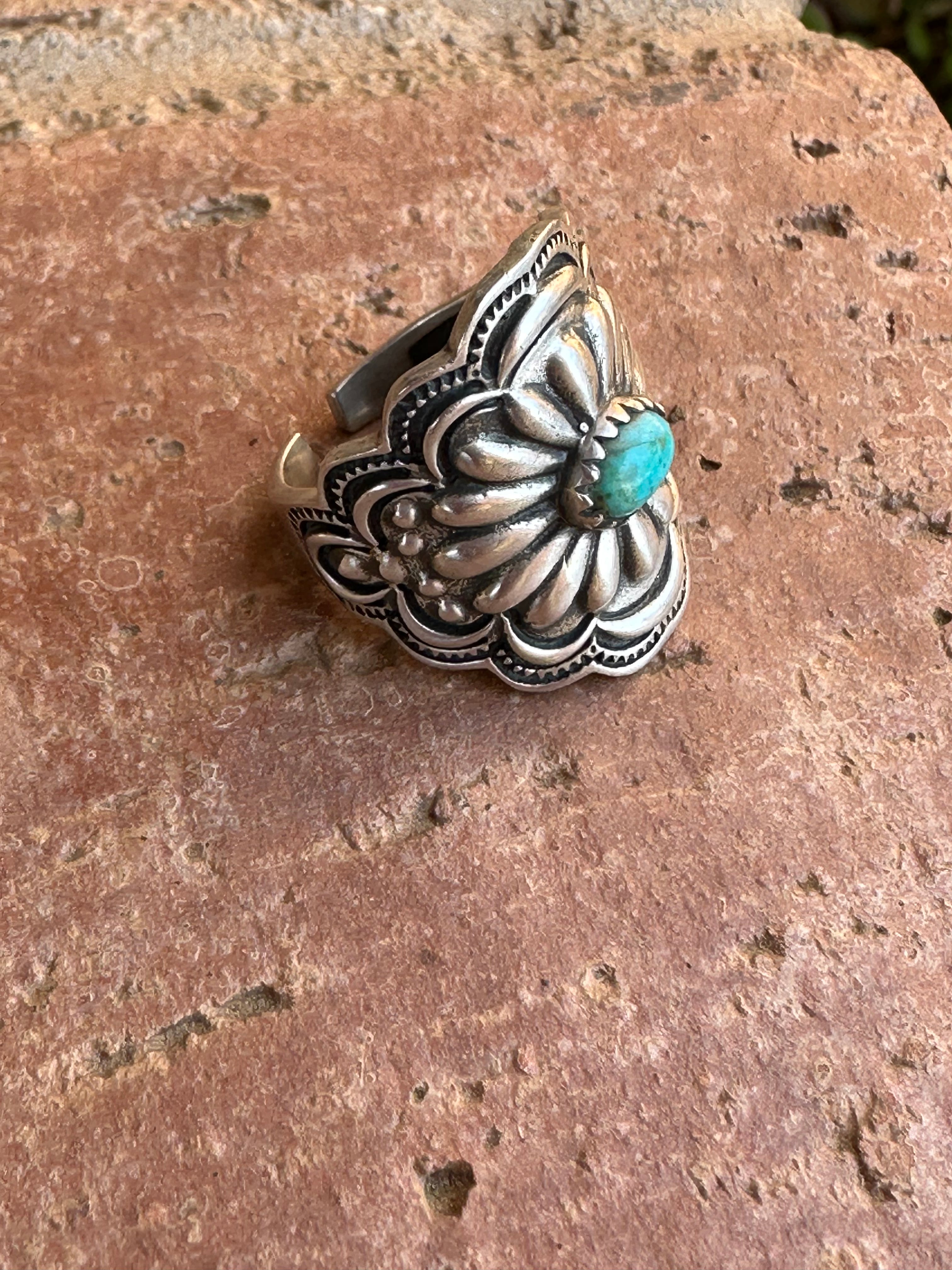 Beautiful Concho Handmade Turquoise And Sterling Silver Adjustable Ring